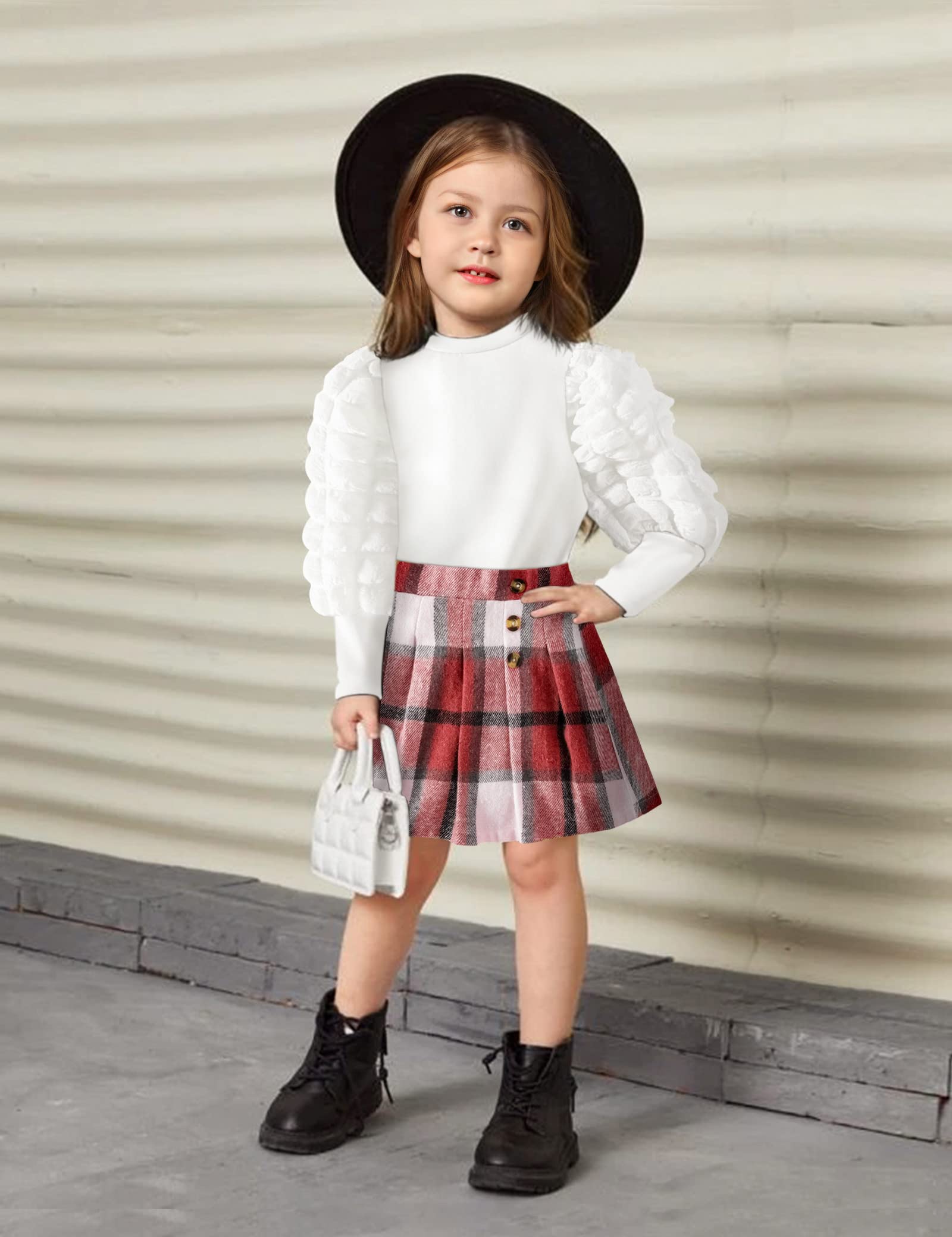 Toddler Girl Outfit Set - Puff Sleeve Top & Plaid Pleated Skirt 2-Piece Winter Clothes for Baby Girls | Fall & Winter Fashion, Holiday Dresses, Birthday Party Outfits