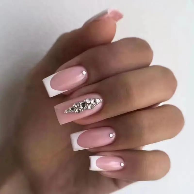 24PCS Acrylic Press On Nails with Glue Kit - Elegant French Tip Nail Art with Rhinestones | Perfect for Parties, Weddings & Special Occasions