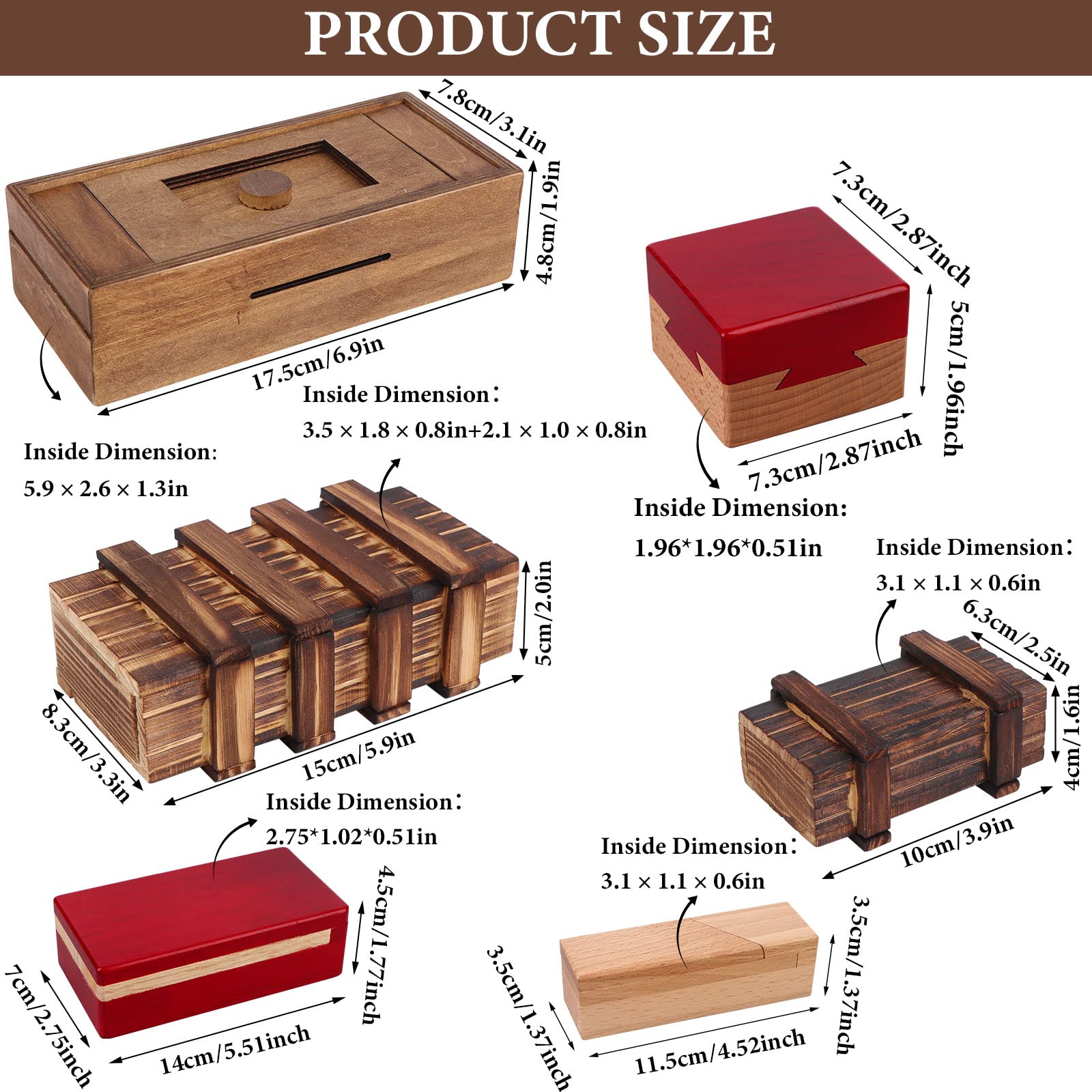 6 Pack Wooden Secret Puzzle Box with Hidden Compartment - 3D Brain Teaser Magic Drawers Gift for Adults & Kids - Perfect for Escape Rooms, Party Games, and Family Bonding Activities