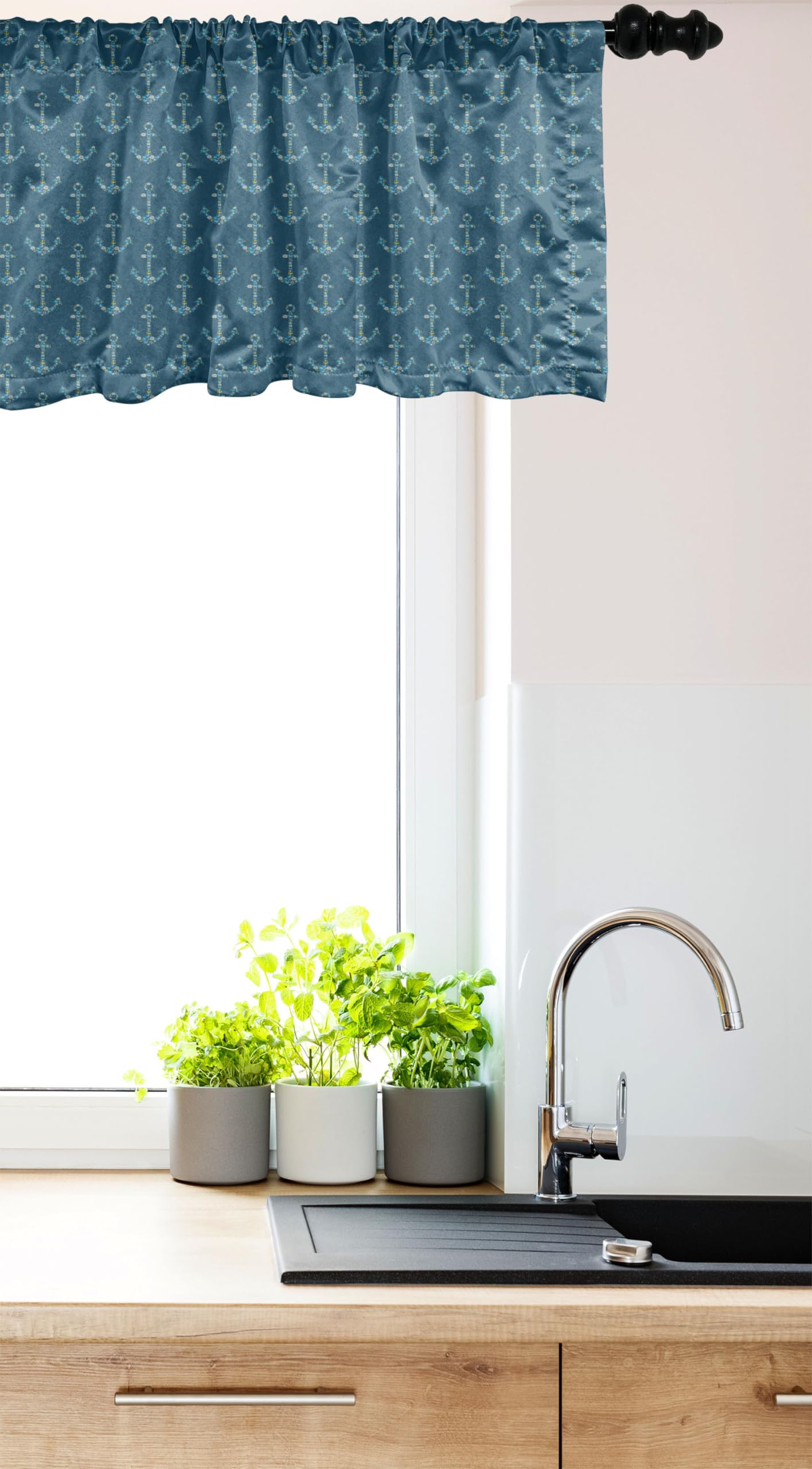 Ambesonne Anchor Window Valance - Nautical Maritime Fish & Underwater Sea Animals Curtain Valance with Rod Pocket, 54x18 Inches, Petrol Blue & Sky Blue - Perfect for Kitchen, Bedroom, and Coastal Home Decor