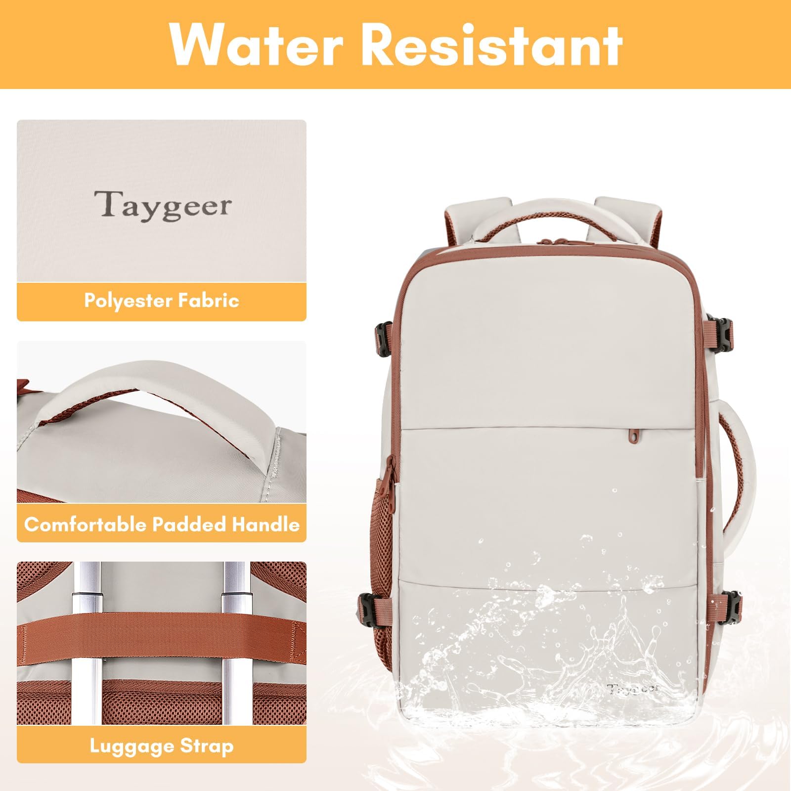 Taygeer Women's Travel Backpack - 35L Laptop Backpack with Shoe Compartment, Airline Approved Carry-On Bag for College, Gym, Hiking & Weekender Trips | Durable Khaki & White Design for Work, School & Outdoor Adventures