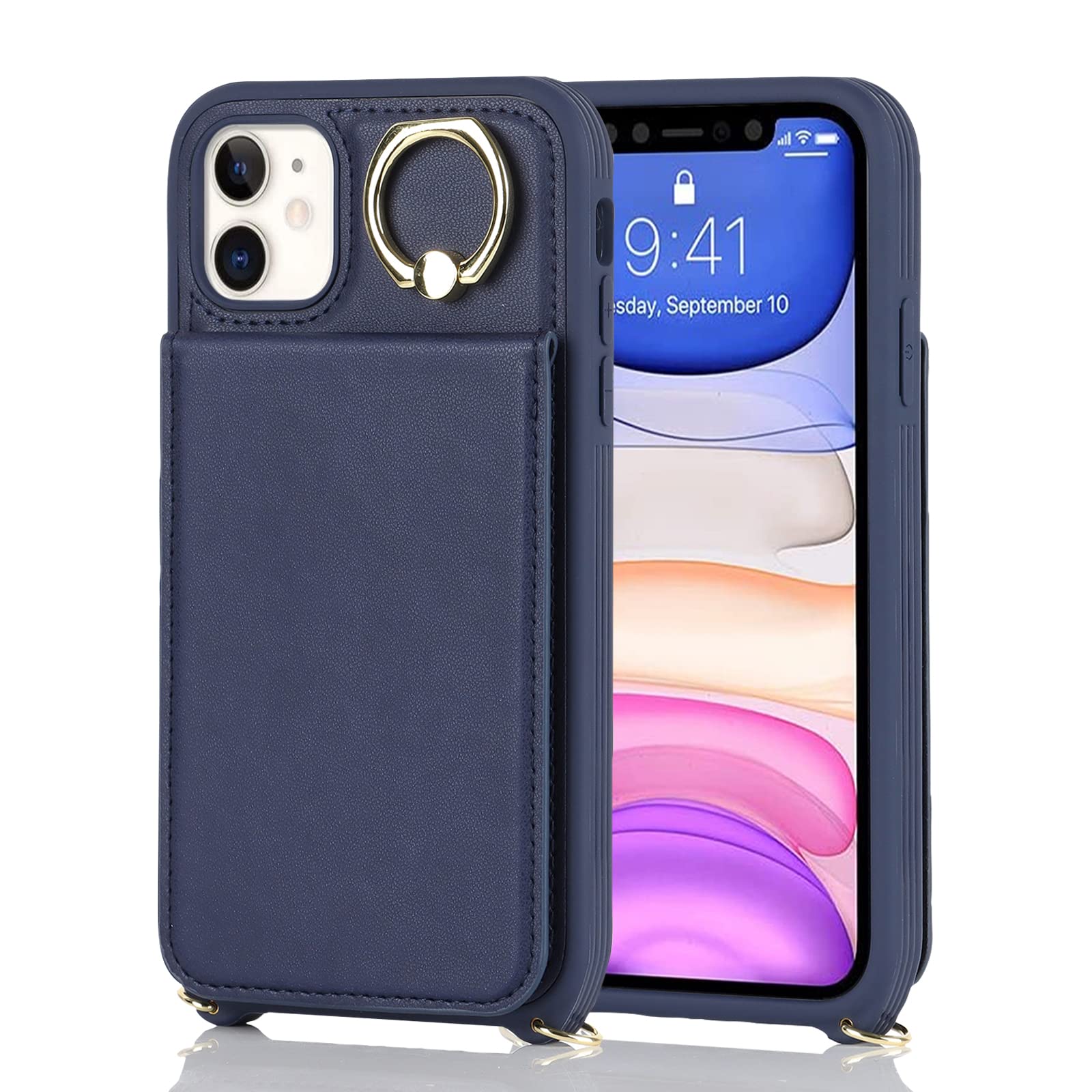 Premium Shockproof iPhone 11 Case with Card Holder & Kickstand - Slim Wallet Phone Cover for Women with Credit Card Slots & Detachable Ring (Blue) | Perfect for Travel, Shopping & Everyday Use