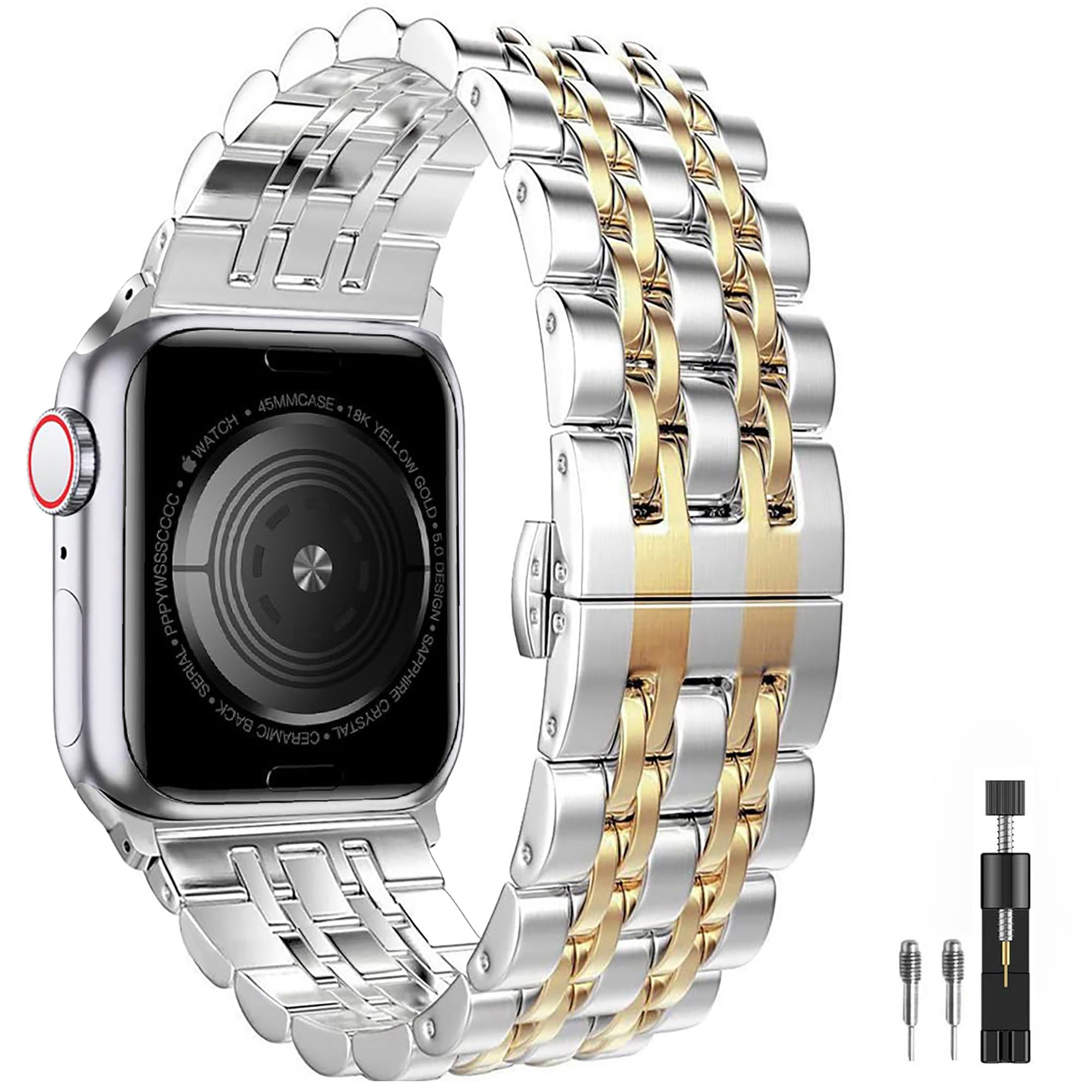 Premium Stainless Steel Replacement Bands for Apple Watch Series 9/8/7/6/5/4/SE/Ultra 2/Ultra - Compatible with 42mm/44mm/45mm/49mm Models (Silver/Gold) | Durable Metal Watch Straps for Men & Women | Perfect for Workouts, Office Wear & Everyday Use