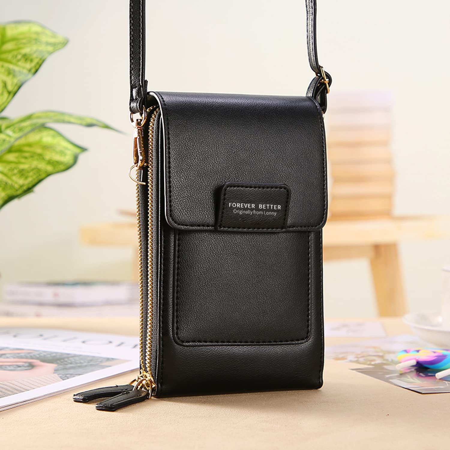 HUASUN Women's PU Leather Wallet with Touch Screen Window & Adjustable Shoulder Strap - Crossbody Phone Pouch for iPhone, Cards & Cash - Perfect for Shopping, Travel & Daily Use
