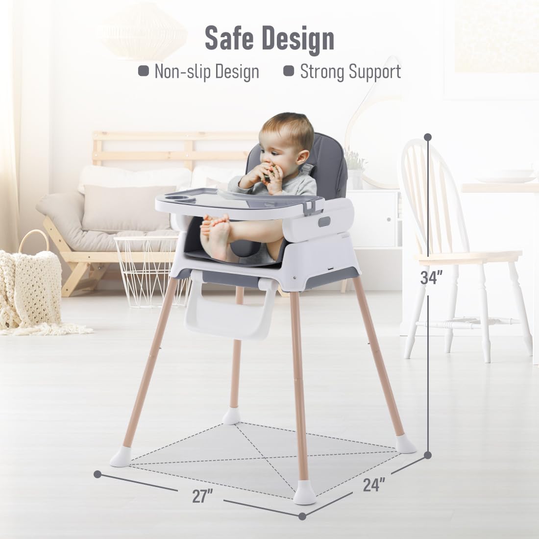 3 in 1 Adjustable Convertible Baby High Chair with Detachable Double Tray & 5-Point Harness - Infant Feeding Booster Seat for Dining, Travel & Home Use - Deep Gray
