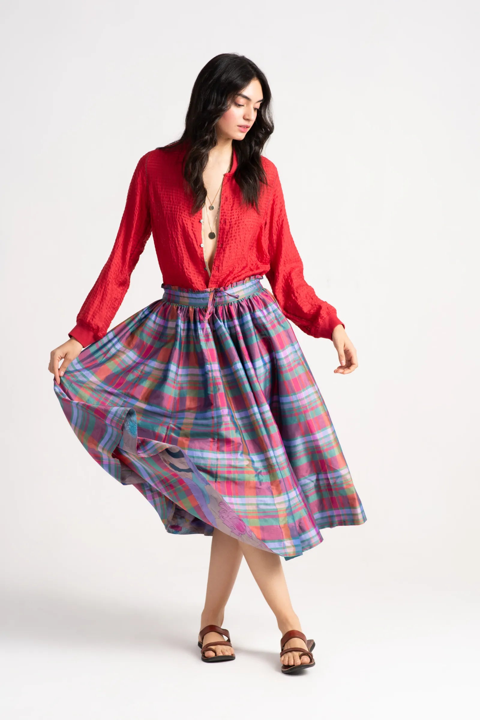 Elegant Nargis Skirt in Silk Dupion Check Amethyst - Perfect for Weddings, Parties & Formal Events