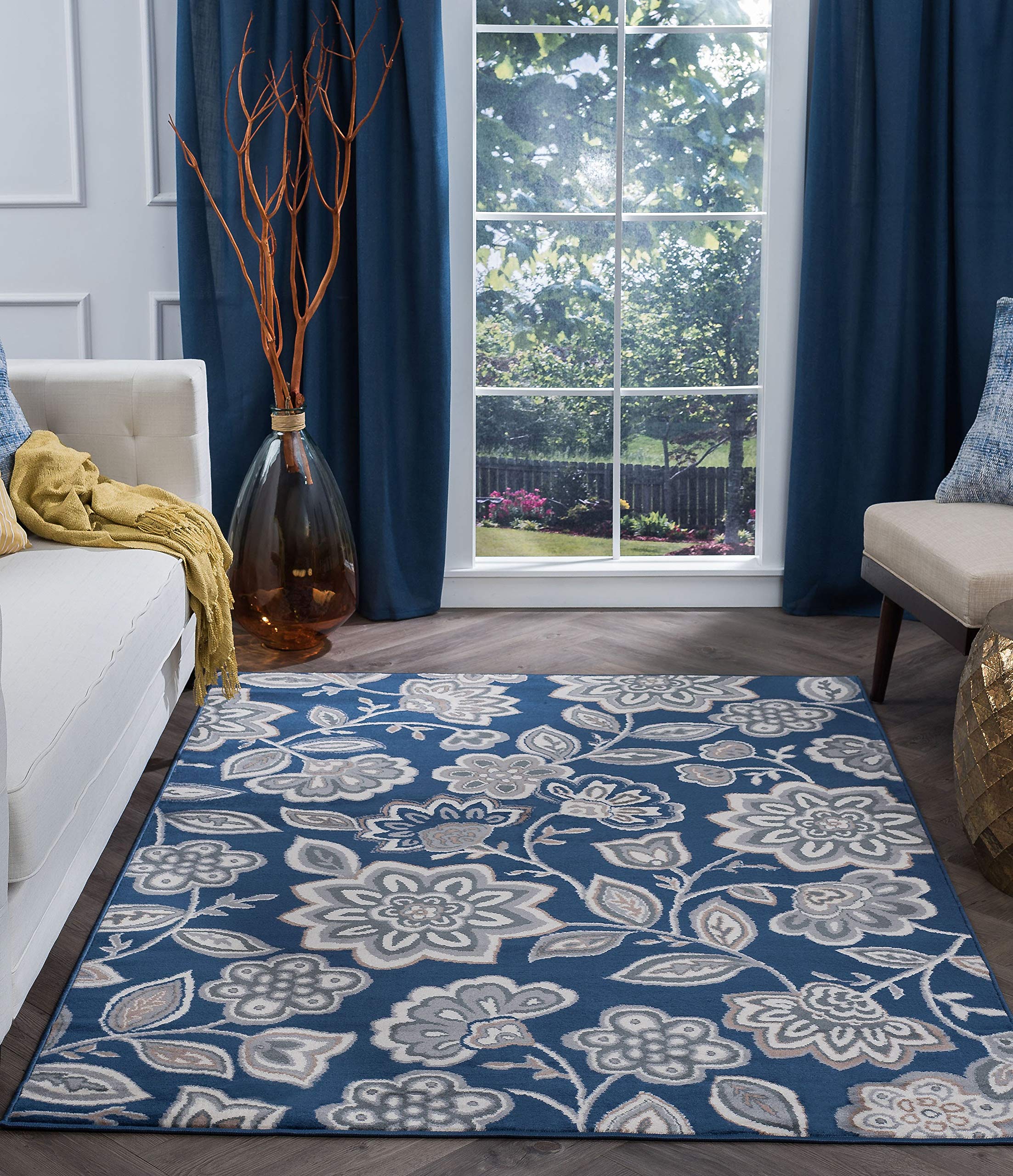 Emmalyn Transitional Floral Navy Blue Rectangle Area Rug 7.6' x 10' - Soft Living Room Rug for Home Decor, Bedroom Carpet, Dining Room Floor Mat