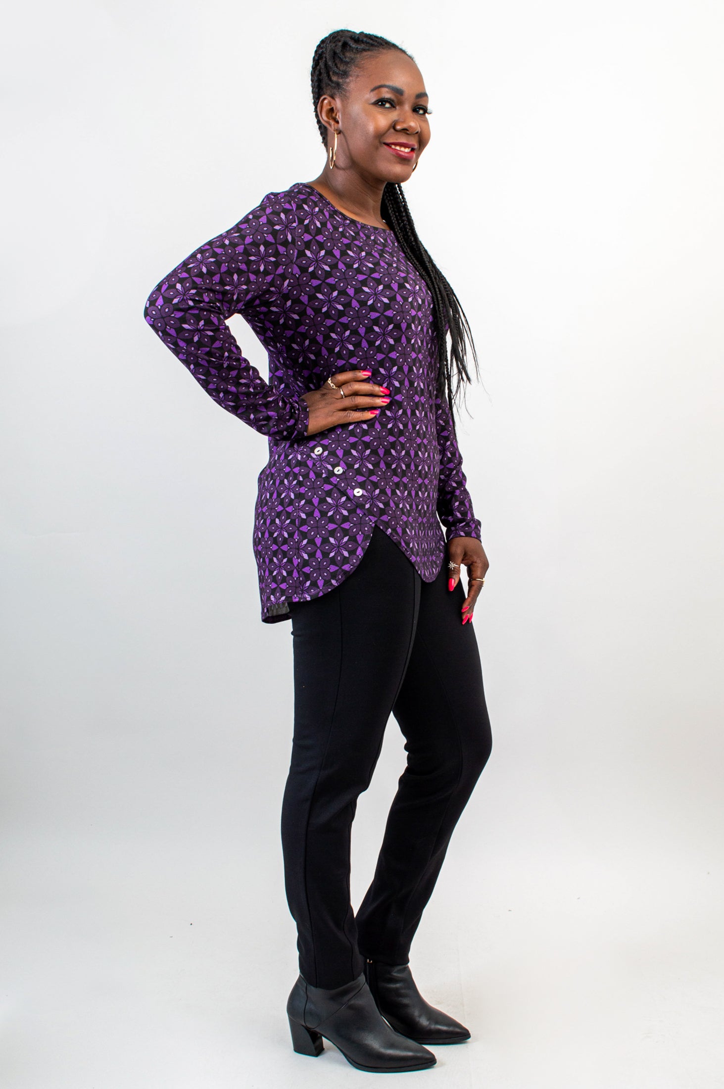 Bethany Top - Geo Flower Print Bamboo Blouse | Women's Fashion | Perfect for Casual Wear & Summer Outfits
