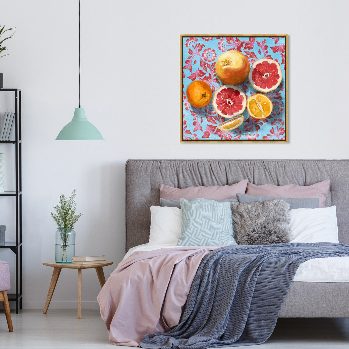 Tropical Citrus Still Life Blue Framed Canvas Wall Art Print - Sour Fruit Kitchen Decor for Cabin & Lodge - Perfect for Farmhouse, Dining Room & Country Style Homes