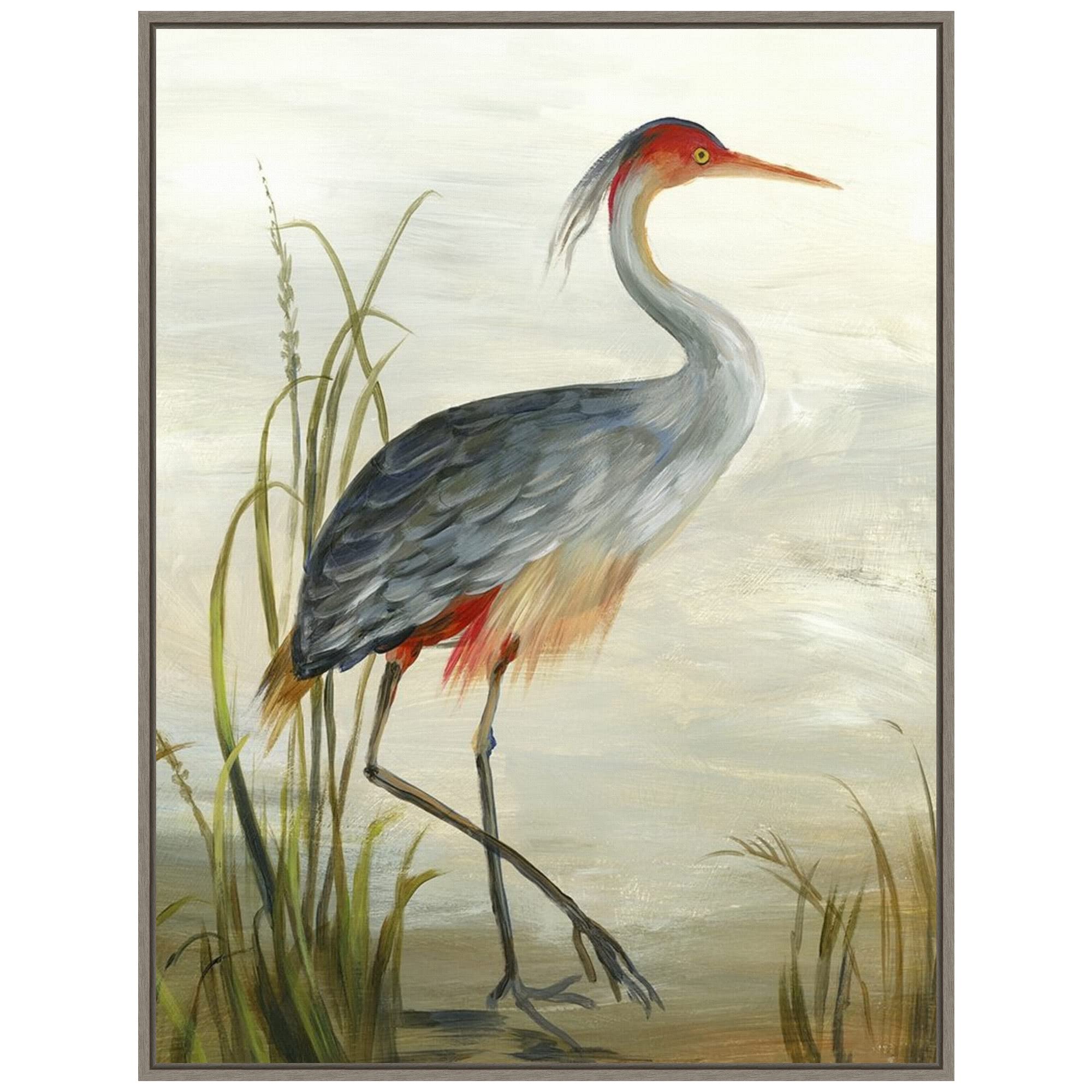 Amanti Art Framed Canvas Wall Art - 30x23 Grey Heron Painting by Aimee Wilson, Rustic Farmhouse Decor, Animal Artwork for Living Room, Bedroom, Bathroom & Kitchen | Large Framed Poster for Home & Office Décor