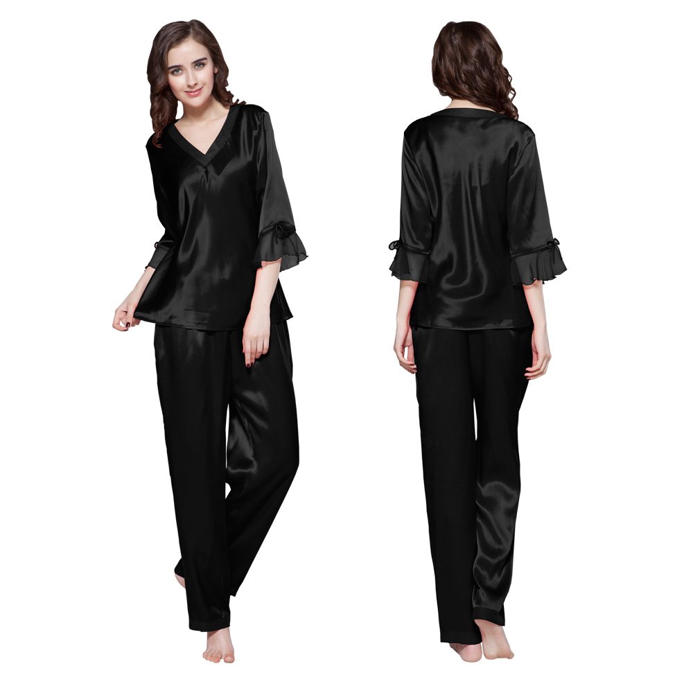 LilySilk Women's 100% Pure Mulberry Silk Pajama Set - V-Neck 3/4 Sleeve Luxury Sleepwear (22 Momme) for Comfortable Nights & Relaxing at Home