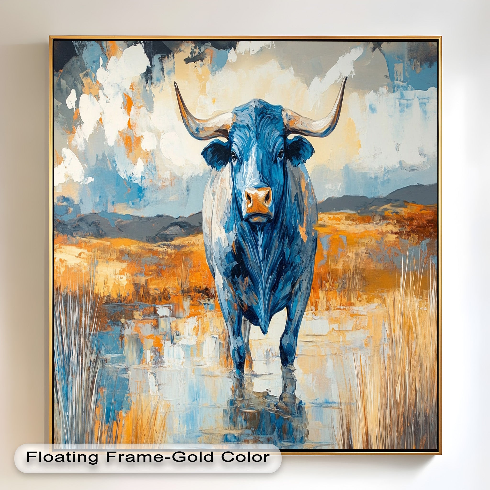 Blue Desert Bull - Hand Painted Animal Oil Canvas Artwork | Western Wildlife Decor for Living Room, Bedroom & Office