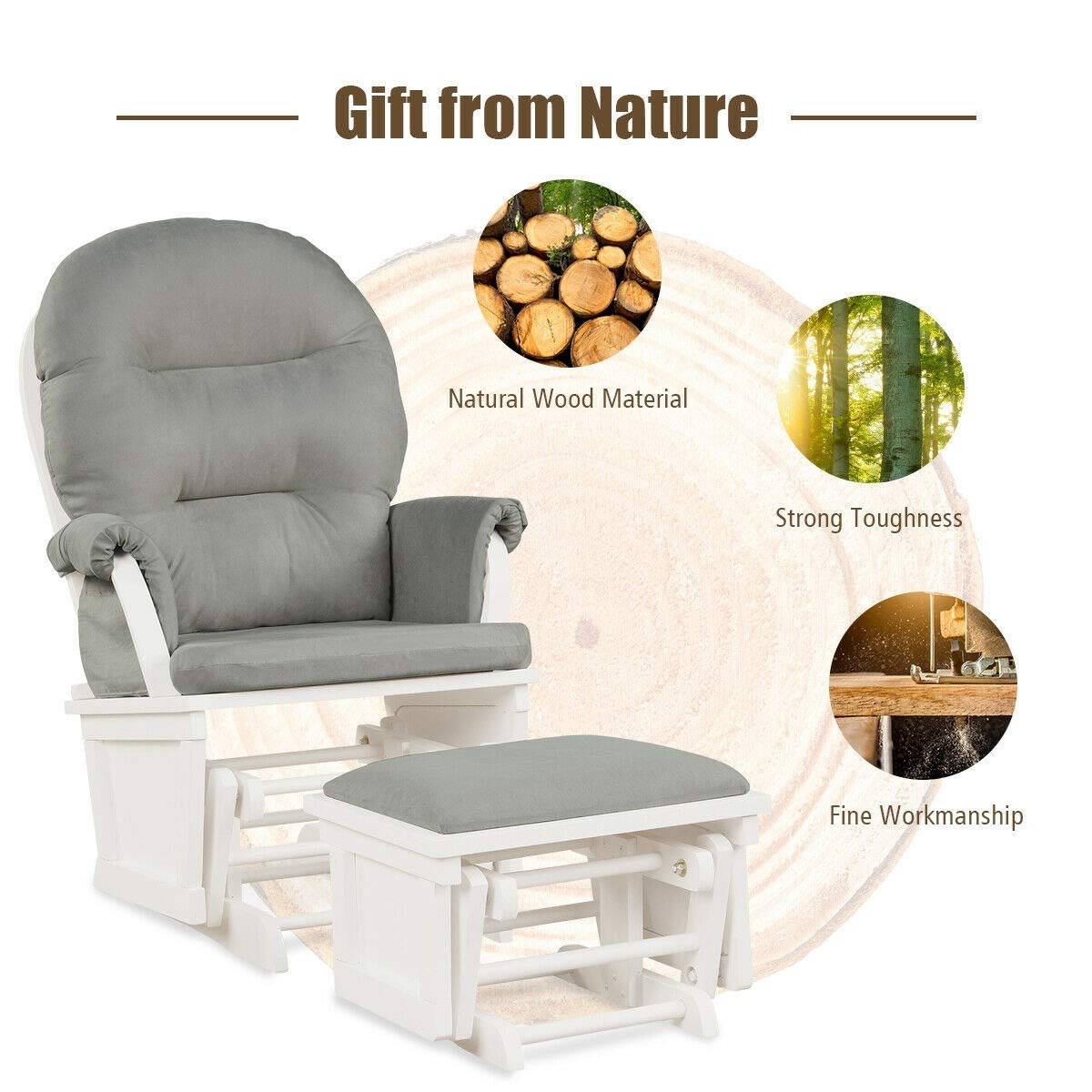 **Nursery Glider Chair with Ottoman - Light Gray Rocking Chair for Nursing, Feeding & Relaxing - Padded Armrests & Storage Pocket - Perfect for Baby Nurseries, Bedrooms & Living Rooms**