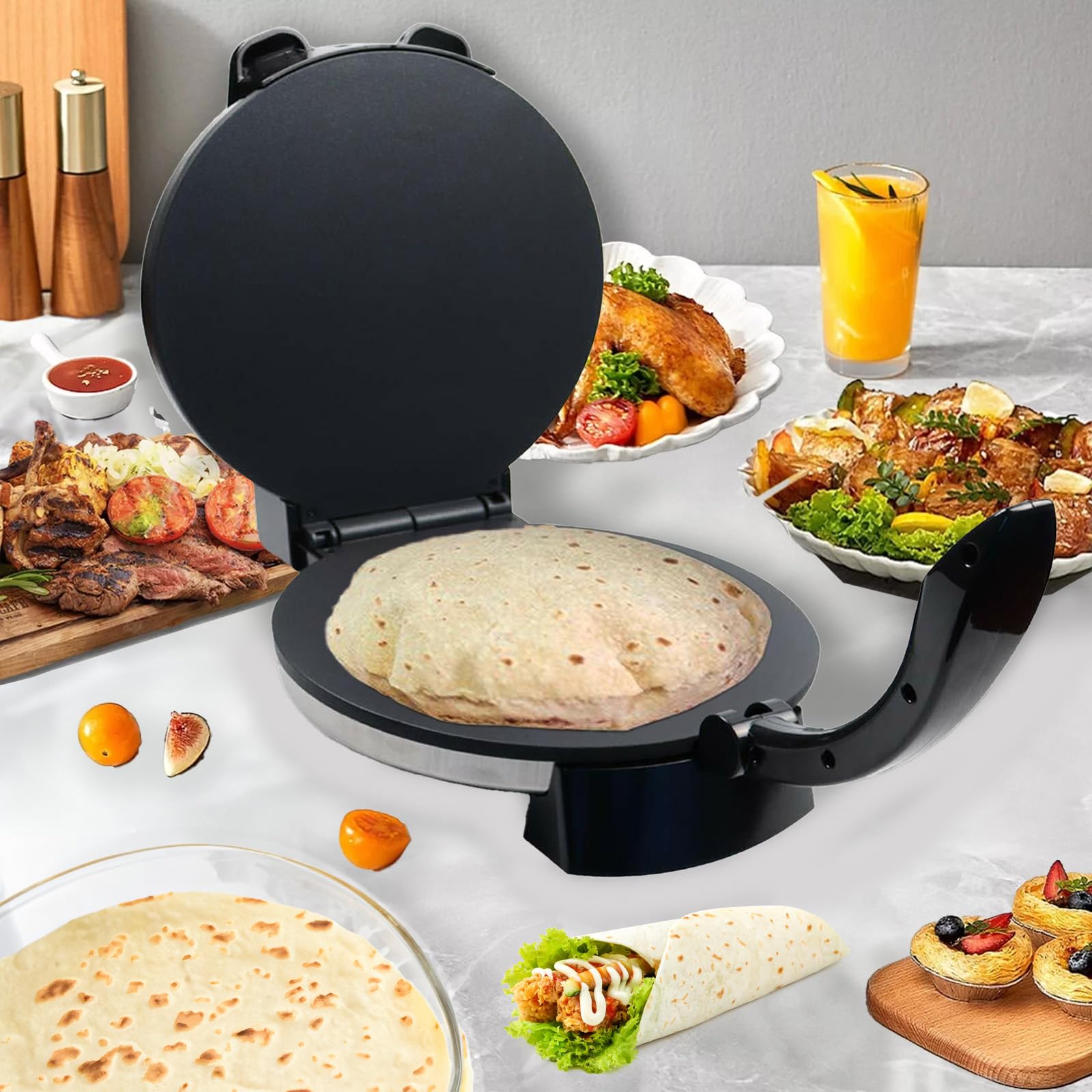 Electric Roti Maker - 10 Inch Non-Stick Automatic Chapati & Tortilla Press with Removable Handle - Perfect for Indian Roti, Mexican Tortillas & Flatbreads at Home