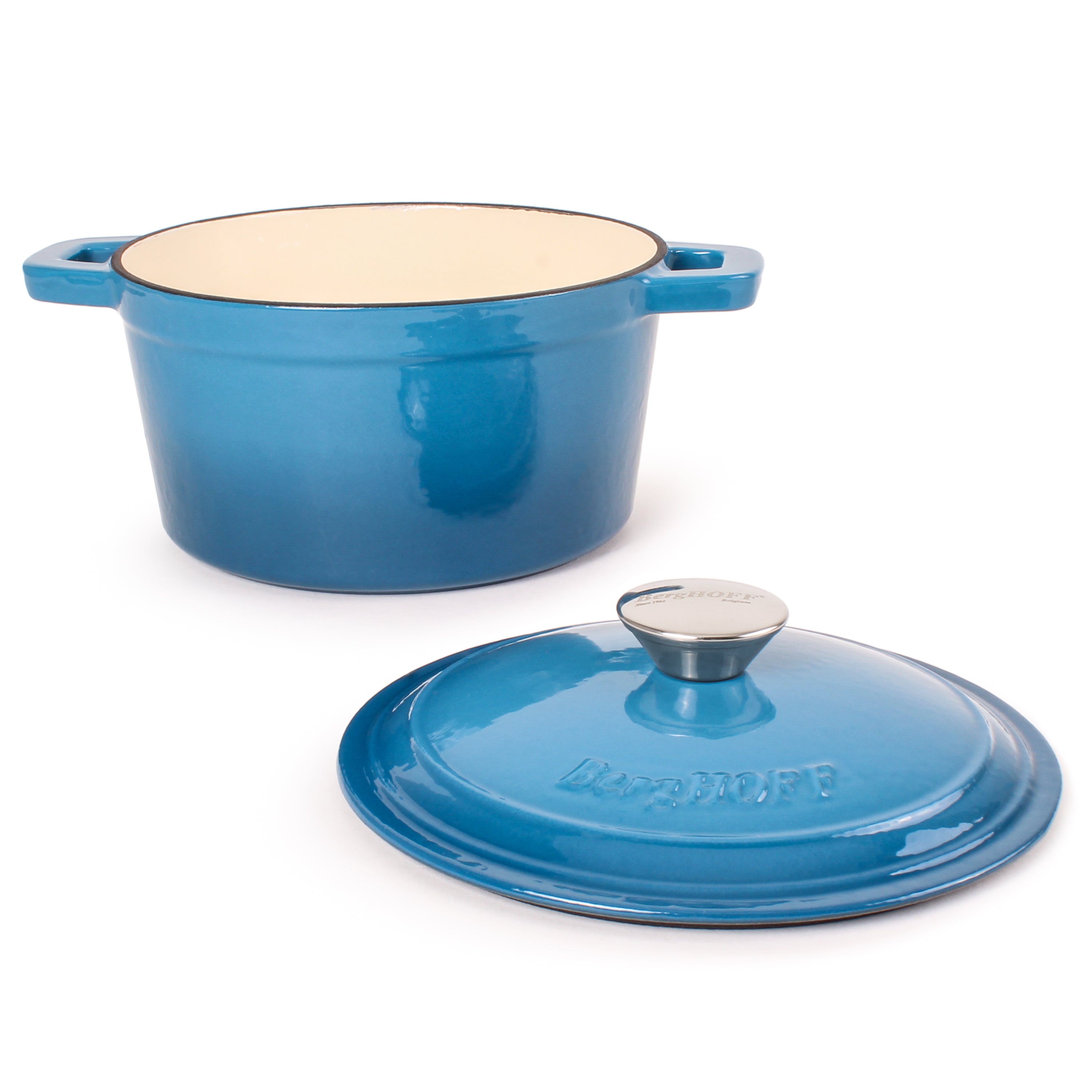 BergHOFF Neo Cast Iron 3-Quart Round Dutch Oven with Lid - Blue Enameled Cookware for Baking, Braising & Slow Cooking | Stovetop to Oven Safe