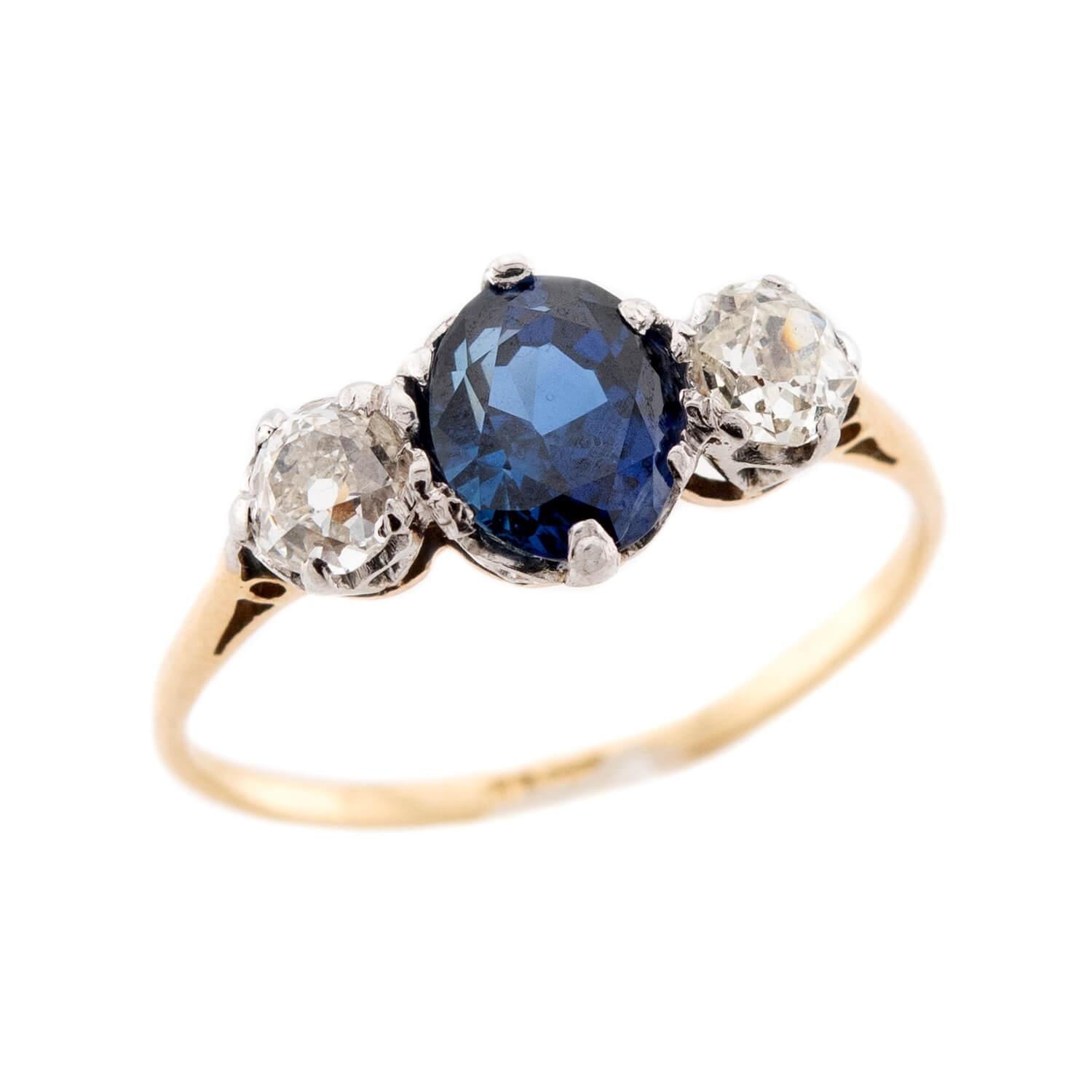 18K/Platinum Edwardian Style Sapphire and Diamond Three Stone Ring - Vintage Engagement, Wedding, Anniversary Jewelry Gift for Her