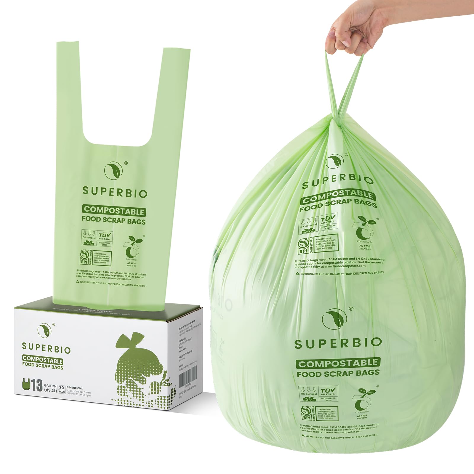 SUPERBIO 13 Gallon (49.2L) Compostable Kitchen Trash Bags with Handles - BPI Certified, OK Compost INDUSTRIAL - 30 Count Eco-Friendly Food Waste Bags for Home, Office & Outdoor Composting