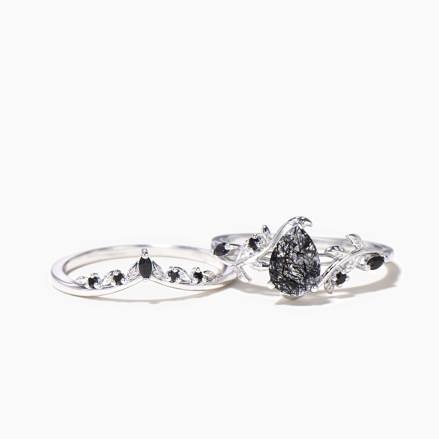 Natural Black Rutilated Quartz Teardrop Ring - Elegant Bridal Jewelry Set for Weddings, Engagements & Special Occasions