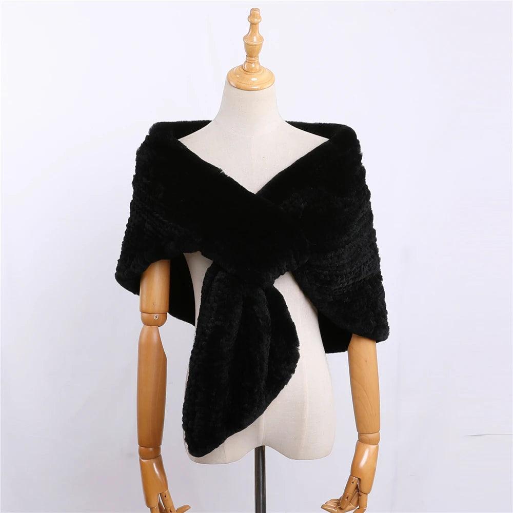 Luxury Hand-Knitted Women's Winter Rex Rabbit Fur Cape Shawl - Warm Elegant Wrap for Cold Weather, Parties & Special Occasions