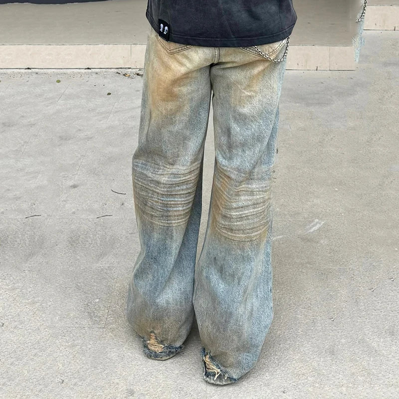 American Style Men's Jeans - Washed Distressed Mud Dyed Contrast Color Denim Pants - Straight Wide Leg Fit for Casual Wear & Street Style | Perfect for Everyday Outfits, Parties, and Urban Fashion
