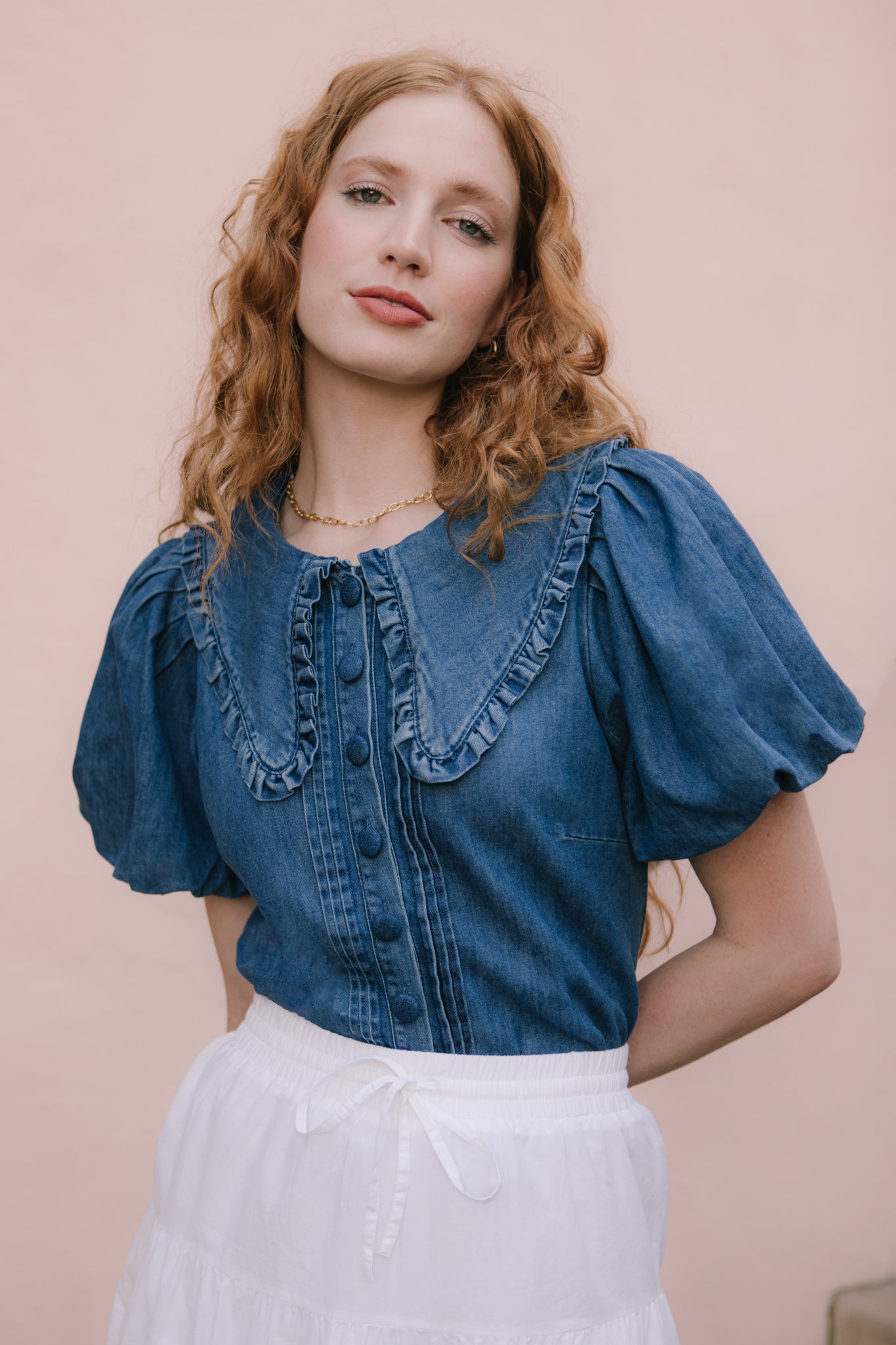 Andrea Women's Denim Blouse - Stylish Casual Button Down Shirt for Work, Date Night & Everyday Wear