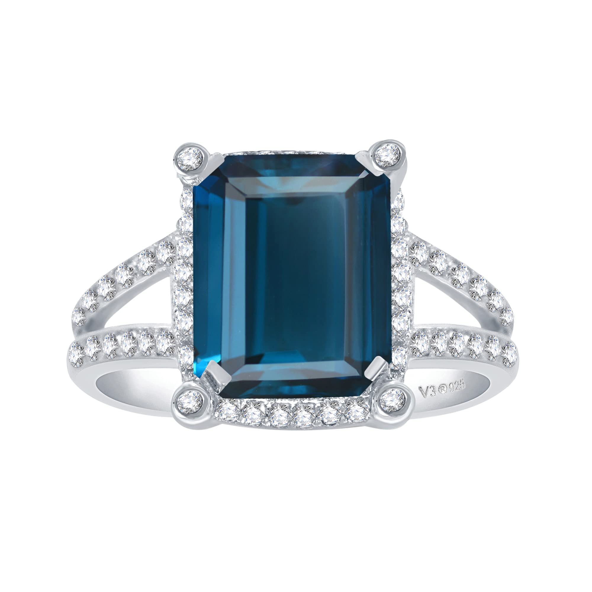 Sterling Silver London Blue Topaz & White Topaz Halo Ring for Women - Elegant Birthstone Jewelry Gift for Anniversary, Engagement, or Special Occasion