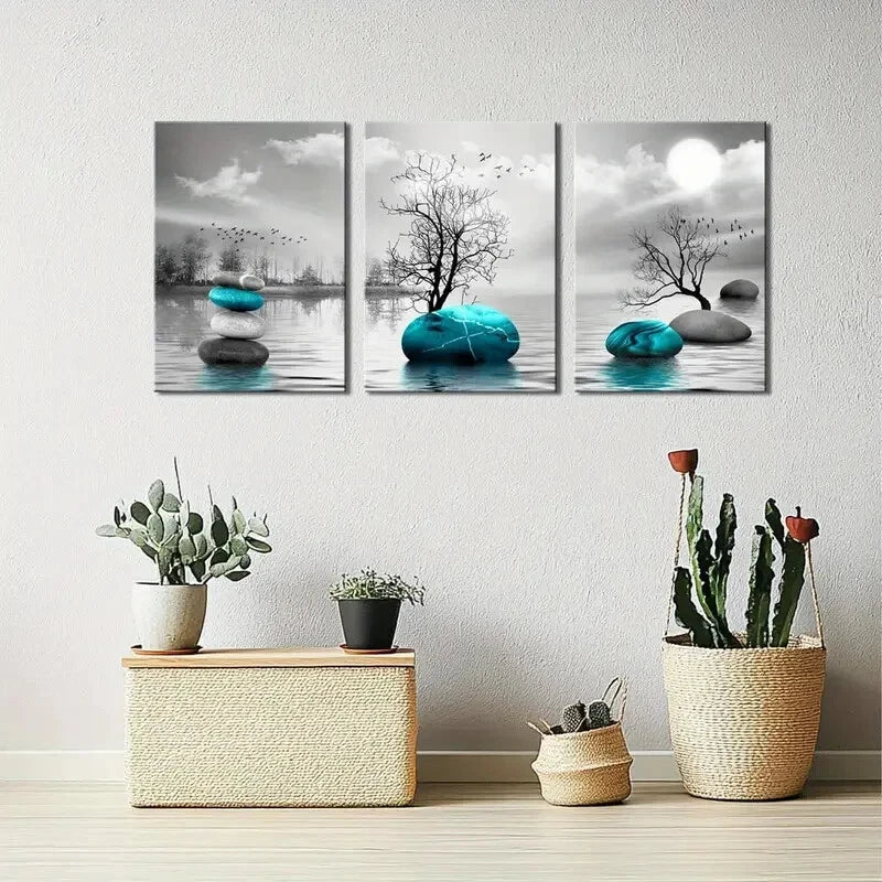 3pcs Red Tree of Life Teal Beach and Stones Metal Wall Art - Ready to Hang Nature Inspired Prints for Living Room, Bedroom & Office Decor