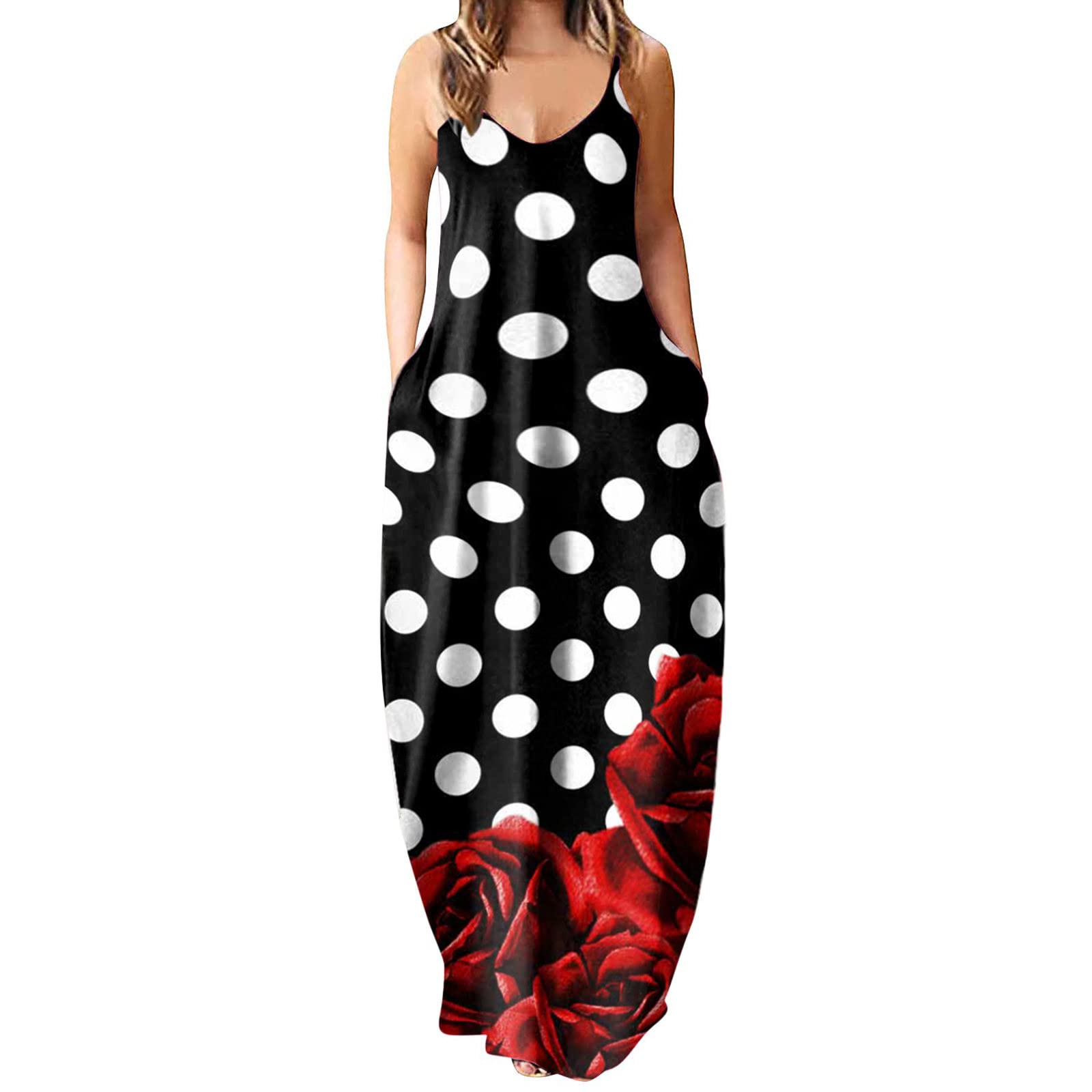 Plus Size Maxi Dress for Women - Sexy Sleeveless Spaghetti Strap V-Neck Boho Long Dress with Pockets | Casual Summer Beach Wedding Party Wear