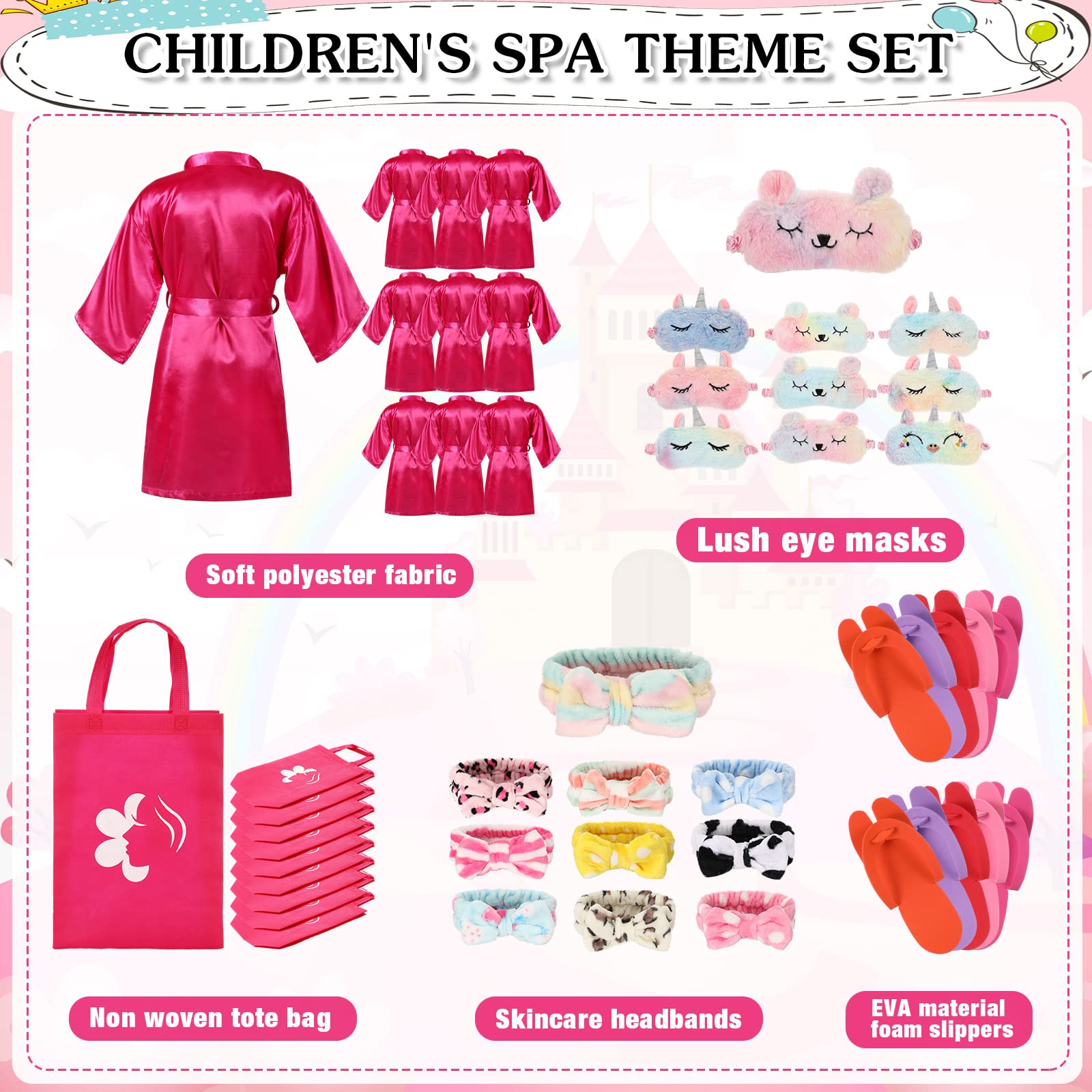 Bonuci 50 Pcs Spa Party Supplies for Girls - 10 Satin Robes & 10 Kids Slippers - Perfect for Sleepovers, Birthday Parties & Spa Themed Events | Great for Girls' Night, Pampering Parties & Relaxation Gifts