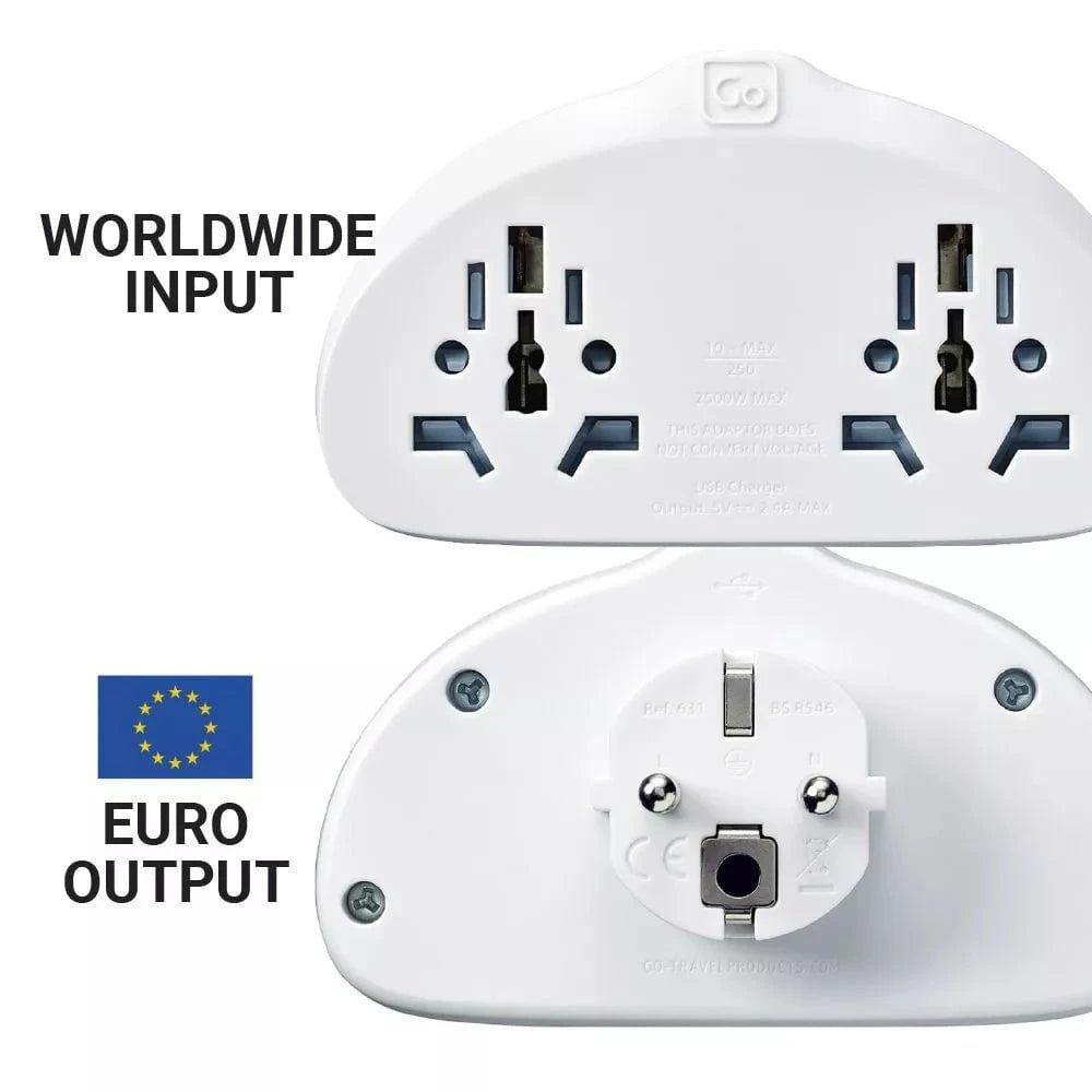Go Travel World EU Adaptor Duo with USB Ports - Universal Travel Charger for Europe | Perfect for Phones, Laptops & Tablets on Business Trips & Vacations