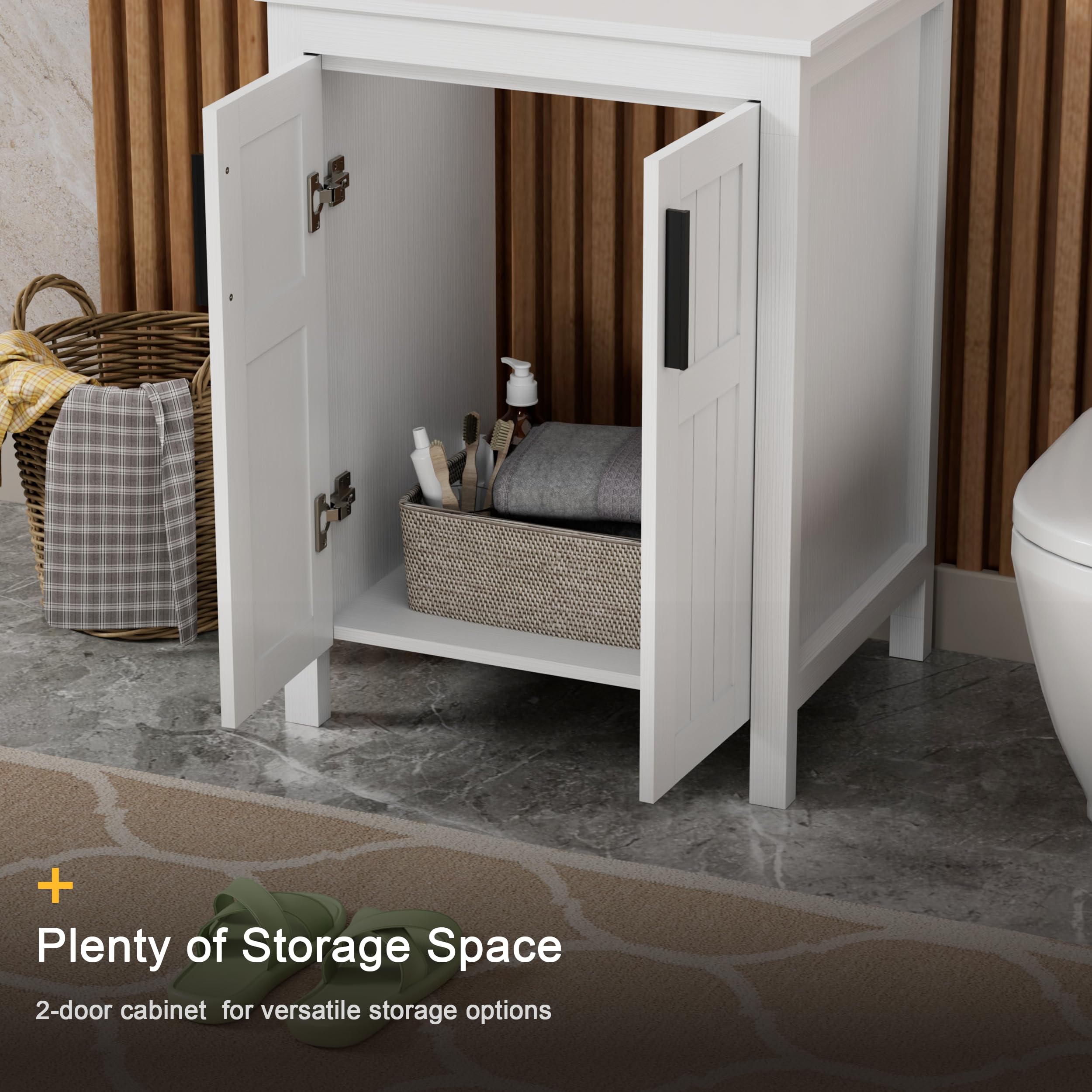 24 Inch White UEV Freestanding Bathroom Vanity with Champagne Boat Glass Vessel Sink - Modern Double Door Vanity Cabinet with Grooved Design & Metal Handles - Perfect for Small Bathrooms, Powder Rooms & Contemporary Home Decor