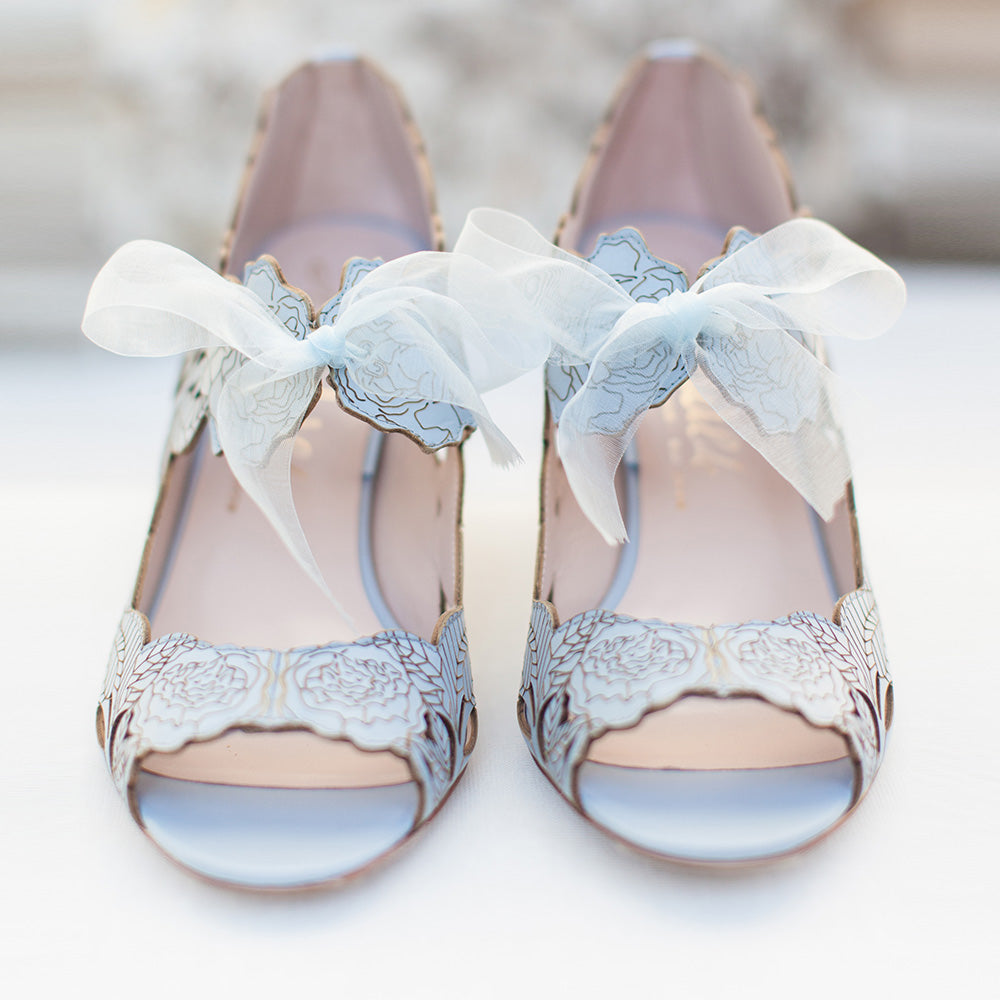 Peony Blue Floral Laser Cut Sandals for Women - Comfortable Summer Beach Wedding Party Shoes