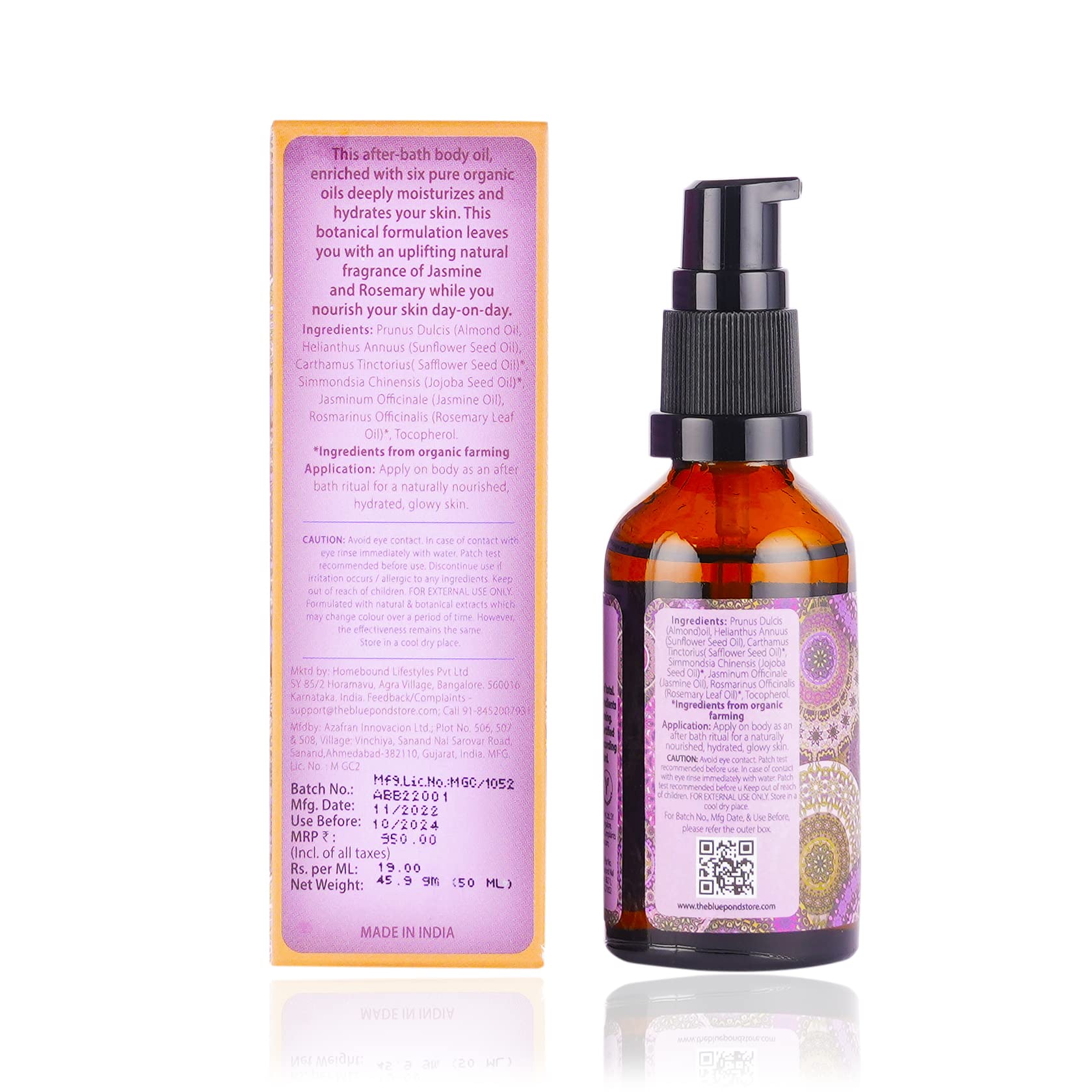 Organic Thalassa After-Bath Body Oil with Safflower, Almond, Jasmine & Rosemary - 50ml | Certified Organic Moisturizer for Dry Skin | Perfect for Post-Shower Hydration & Relaxation