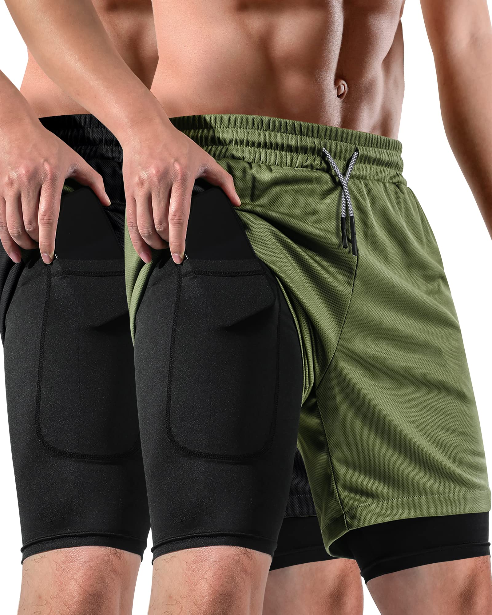 2-in-1 Men's Athletic Shorts 7 Inch - 2 Pack Gym Running Workout Shorts with Pockets & Towel Loop - Breathable Quick-Dry Casual Sports Shorts for Training, Jogging, Basketball & Outdoor Activities