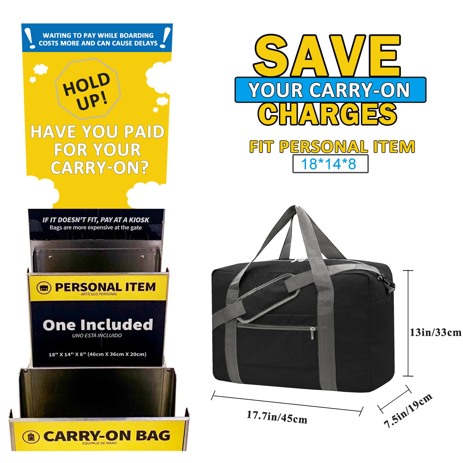 Foldable 18x14x8 Inch Carry-On Duffel Bag for Spirit Airlines - Lightweight Personal Item Travel Bag for Men & Women - Perfect for Airplane Trips, Weekend Getaways & Gym Use