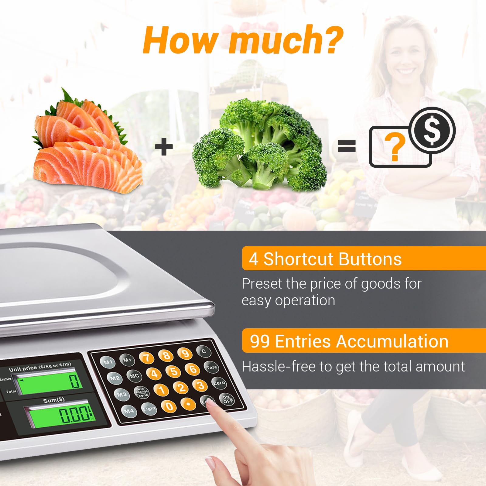 66lb Digital Commercial Food Scale with Green Backlight LCD - Price Computing Scale for Meat, Produce, Farmers Market & Retail - Battery Powered Weighing Scale for Kitchen, Grocery Store, Butcher Shop & Food Business