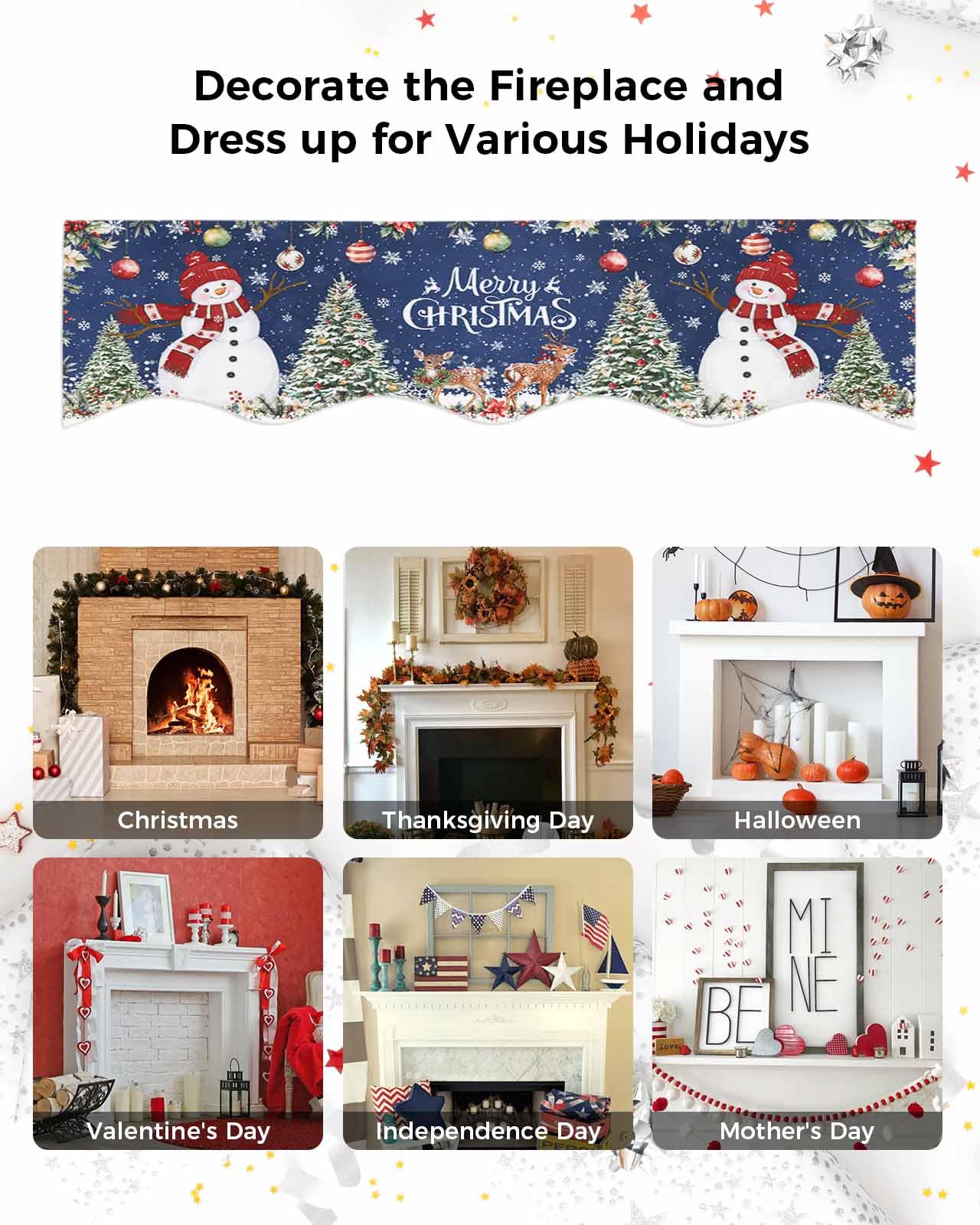 Christmas Mantel Scarf for Fireplace Decor - Snowman Navy Blue Snowflake Deer Poinsettia Fireplace Mantel Cover (60