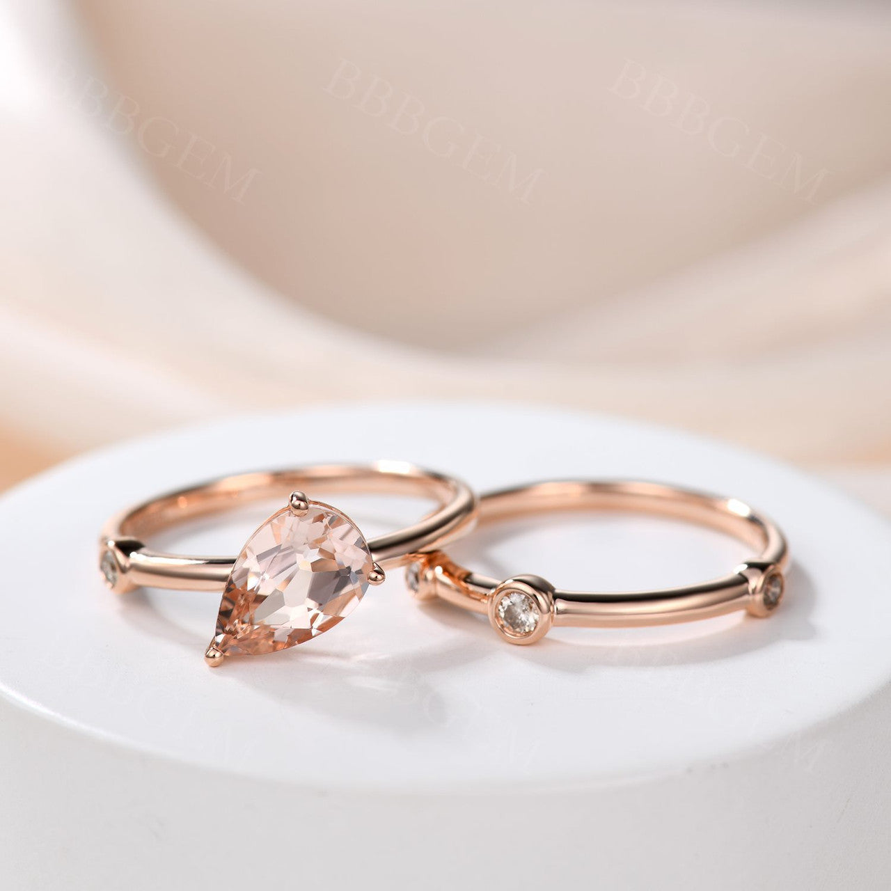 6x9mm Pear Shaped Morganite Engagement Ring Set with Coffee Diamond Accents - Perfect for Wedding Proposals, Anniversary Gifts & Special Occasions
