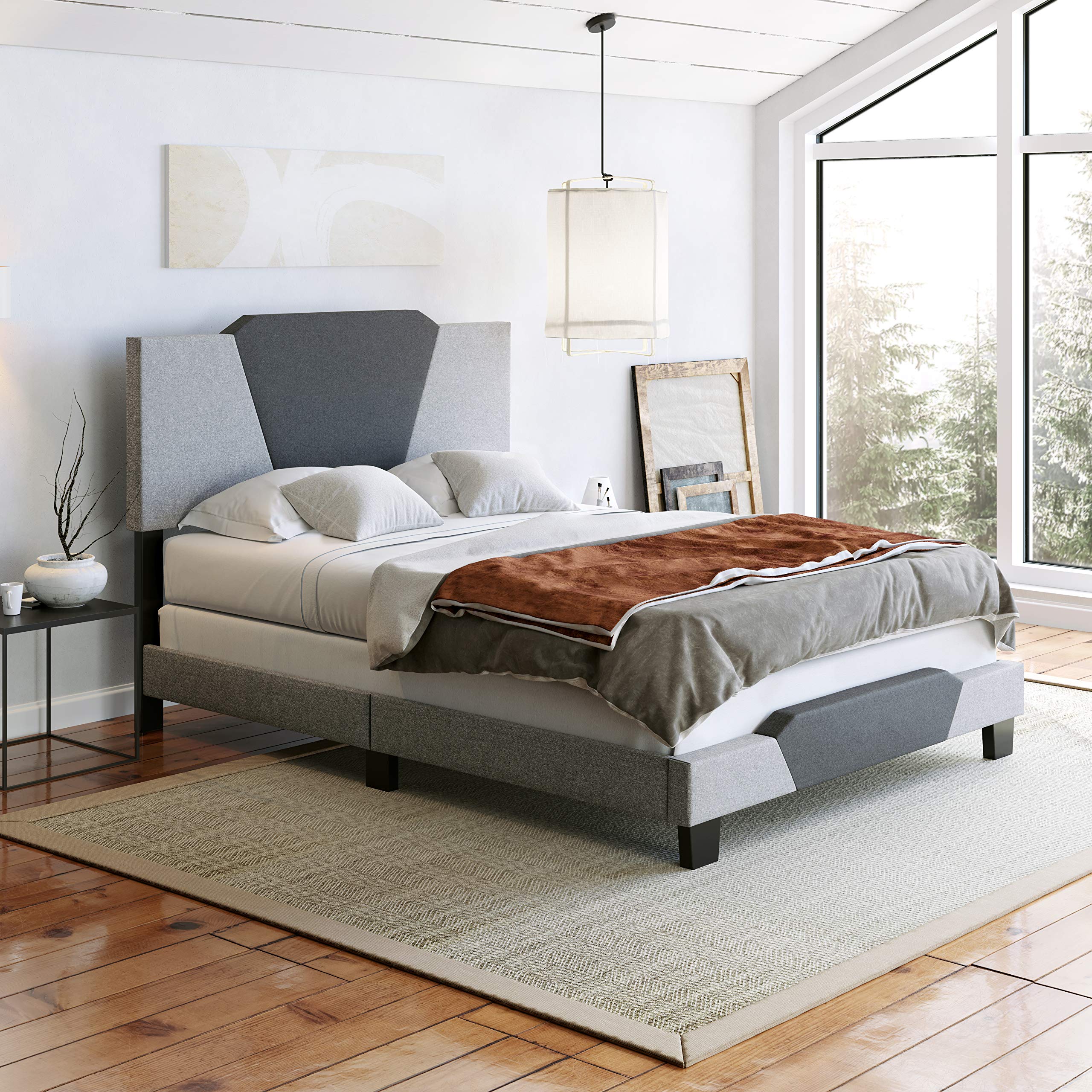 Boyd Sleep Tuscany Upholstered Platform Bed Frame with Headboard - Full Size Mattress Foundation with Wood Slat Support - Linen Grey/Charcoal Fabric - Sturdy Bed Frame for Master Bedroom, Guest Room & Apartment