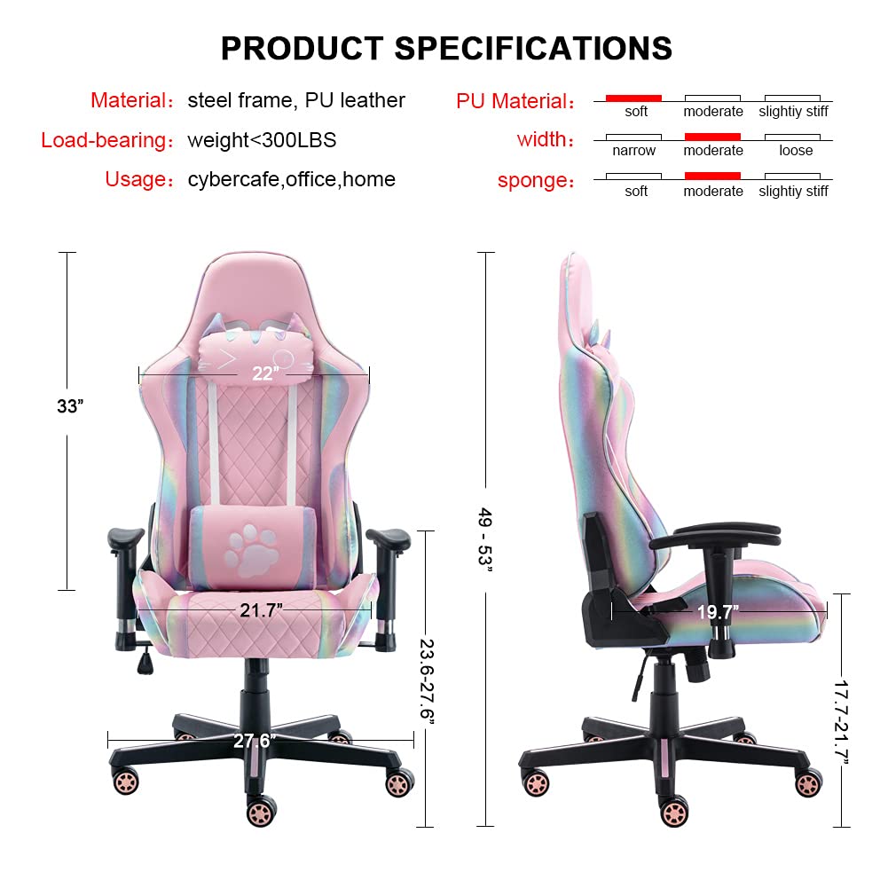 Ergonomic Pink Gaming Chair with Cute Cat Headrest & Lumbar Support - Comfortable Computer Desk Chair for Adults & Kids (Rainbow, Black Base) - Perfect for Home Office, Gaming Setup & Study Room