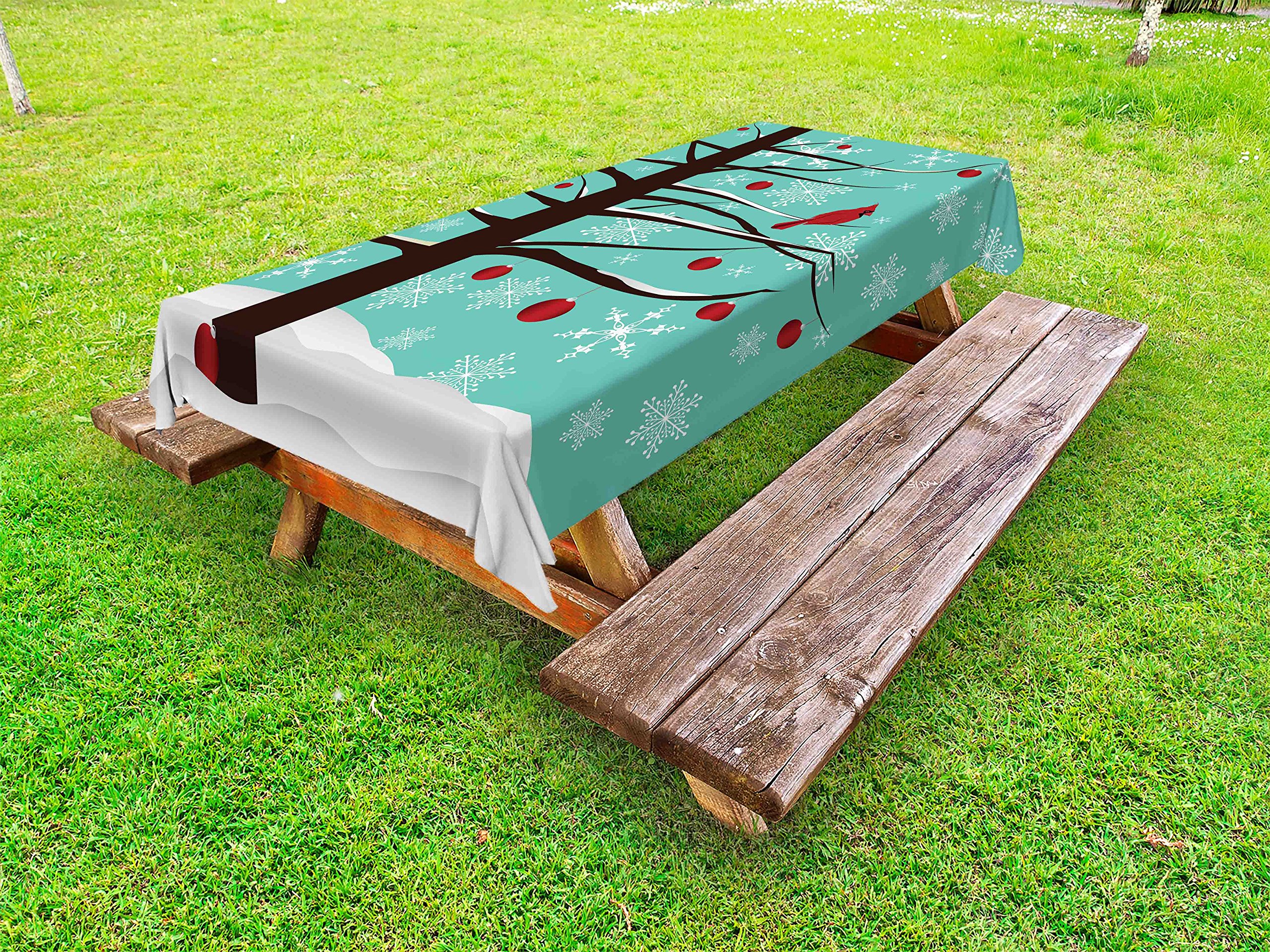 Lunarable Winter Cardinal Outdoor Tablecloth - Snowflakes & Red Bird on Tree Branch Design, Washable Picnic Table Cover 58x104 Inches in Sea Green, Brown & Red - Perfect for Holiday Dinners, Christmas Decorations & Outdoor Gatherings