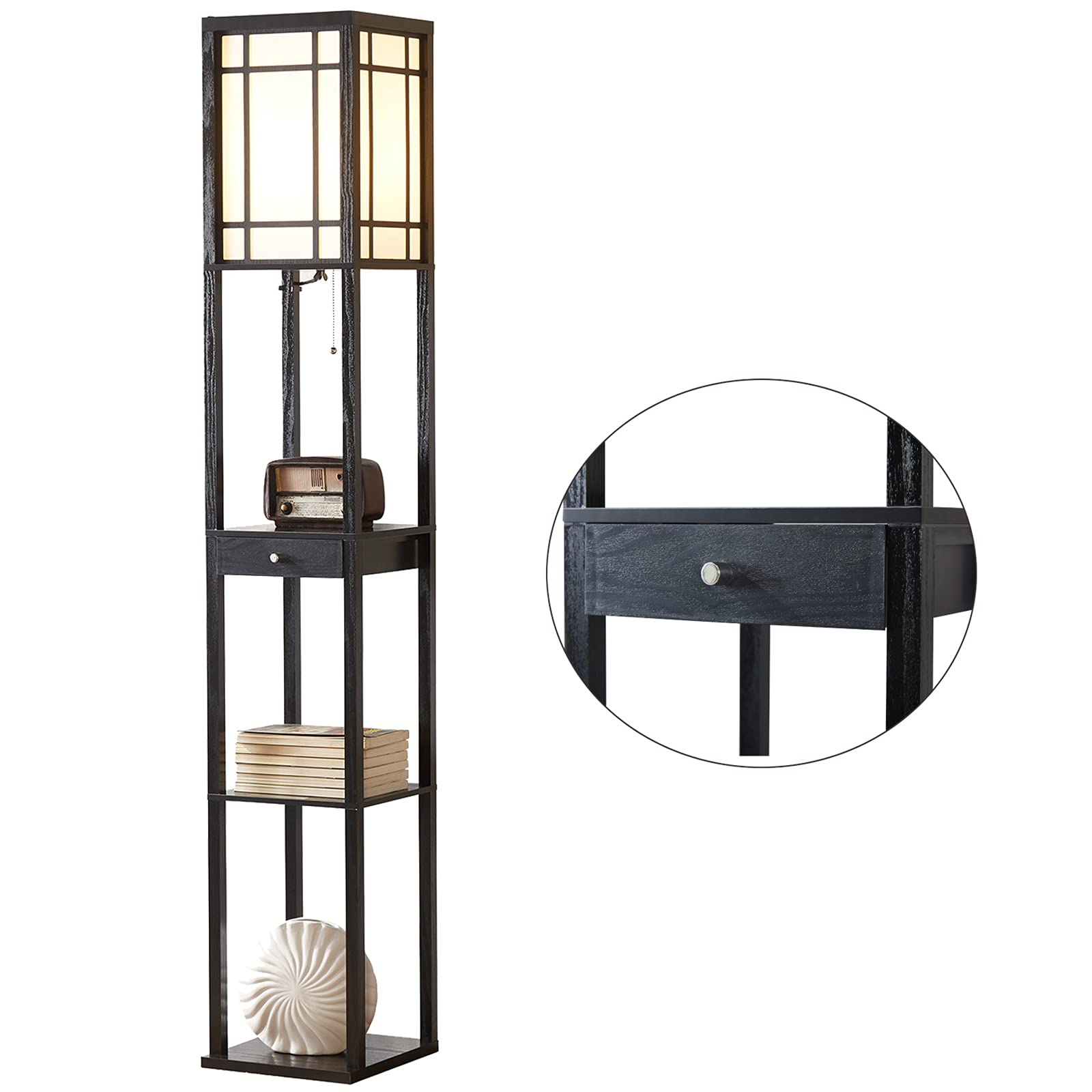 Modern Floor Lamp with Shelves & Drawer - LED Bulb Included, Space-Saving Corner Tower Lamp with Storage, Tall Bookshelf Nightstand Light for Living Room, Bedroom, Office - Perfect for Reading & Home Decor (Black)