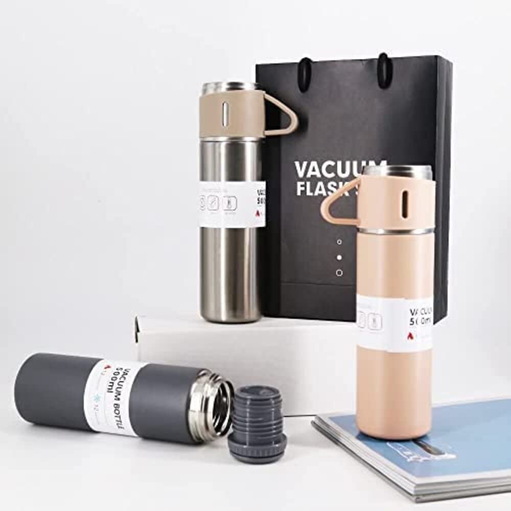 Brocli 500ml Stainless Steel Vacuum Flask Set with 3 Steel Cups - Insulated Thermos for Coffee, Tea, Hot & Cold Drinks - Perfect for Travel, Camping, Office & Outdoor Activities - Leakproof & Durable Gift Idea