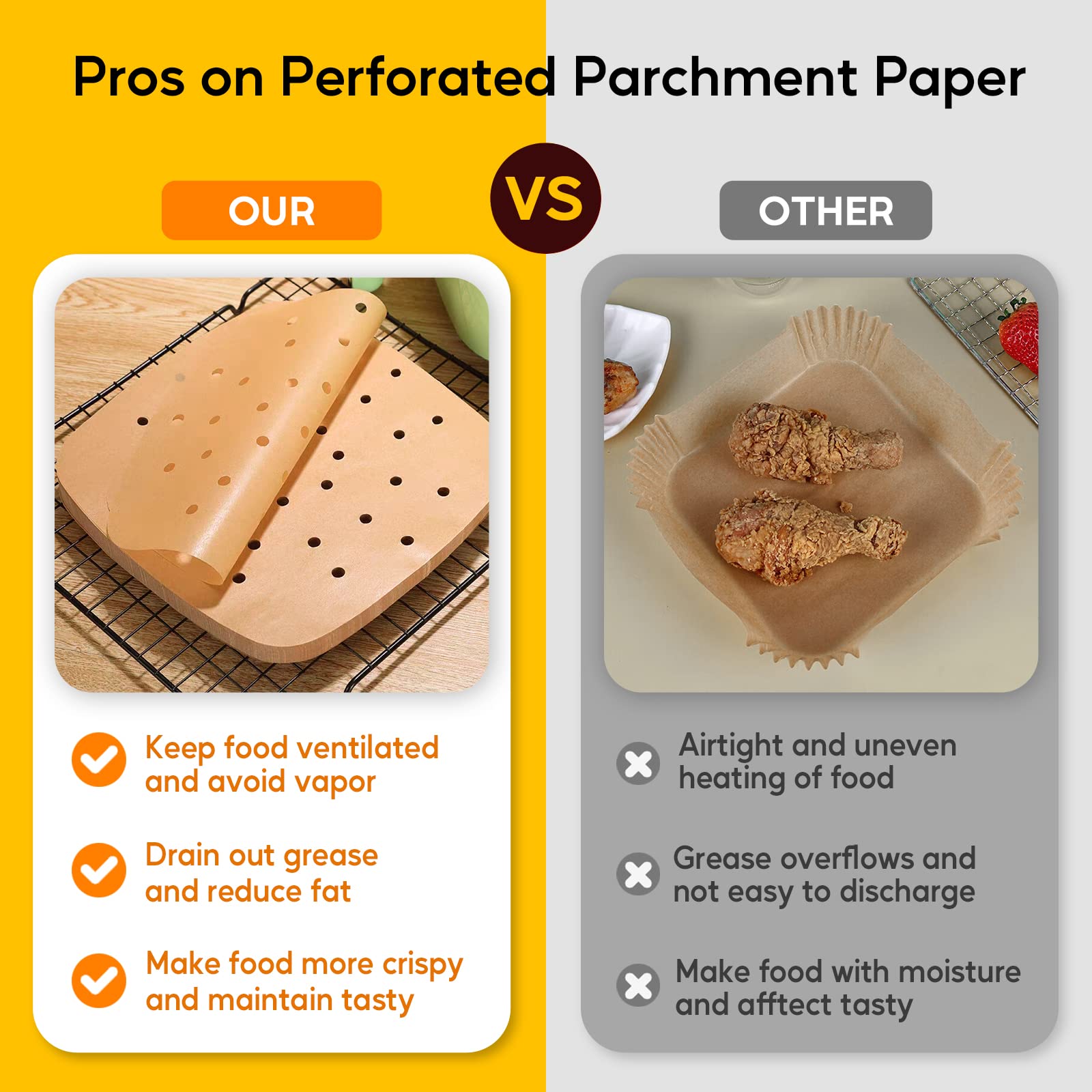 Katbite 200Pcs 8.5 Inch Unbleached Air Fryer Parchment Paper Liners - Heavy Duty, Non-Stick, Square Perforated Baking Sheets for Air Fryer, Oven & Steamer | Perfect for Healthy Cooking, Meal Prep & Quick Cleanup