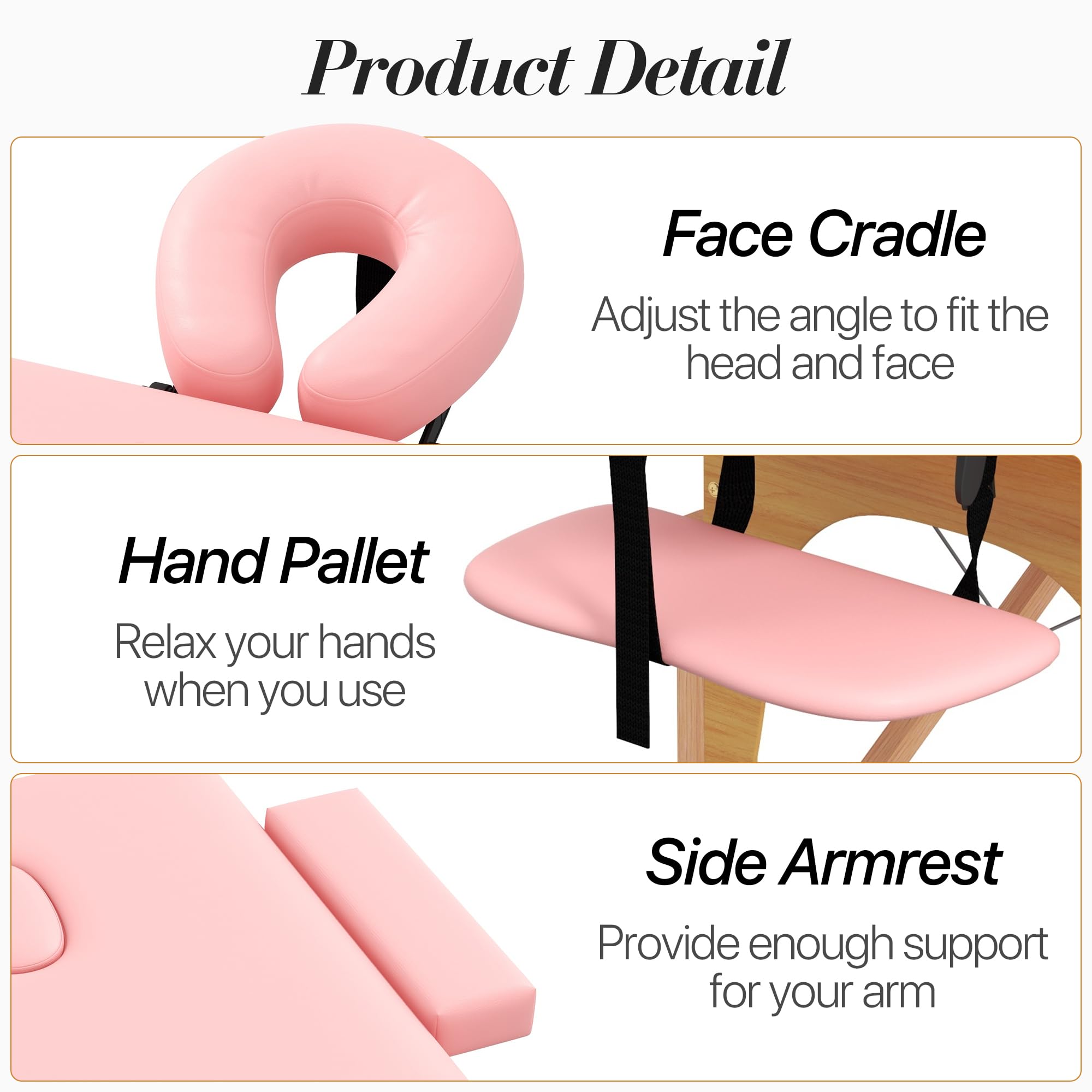 Portable 2-Section Foldable Massage Table - Adjustable Height Spa & Tattoo Bed with Face Cradle - Lightweight Wood Frame Facial Salon Bed for Home & Professional Use - Perfect for Massage Therapy, Tattoo Parlors & Beauty Salons (Light Pink)