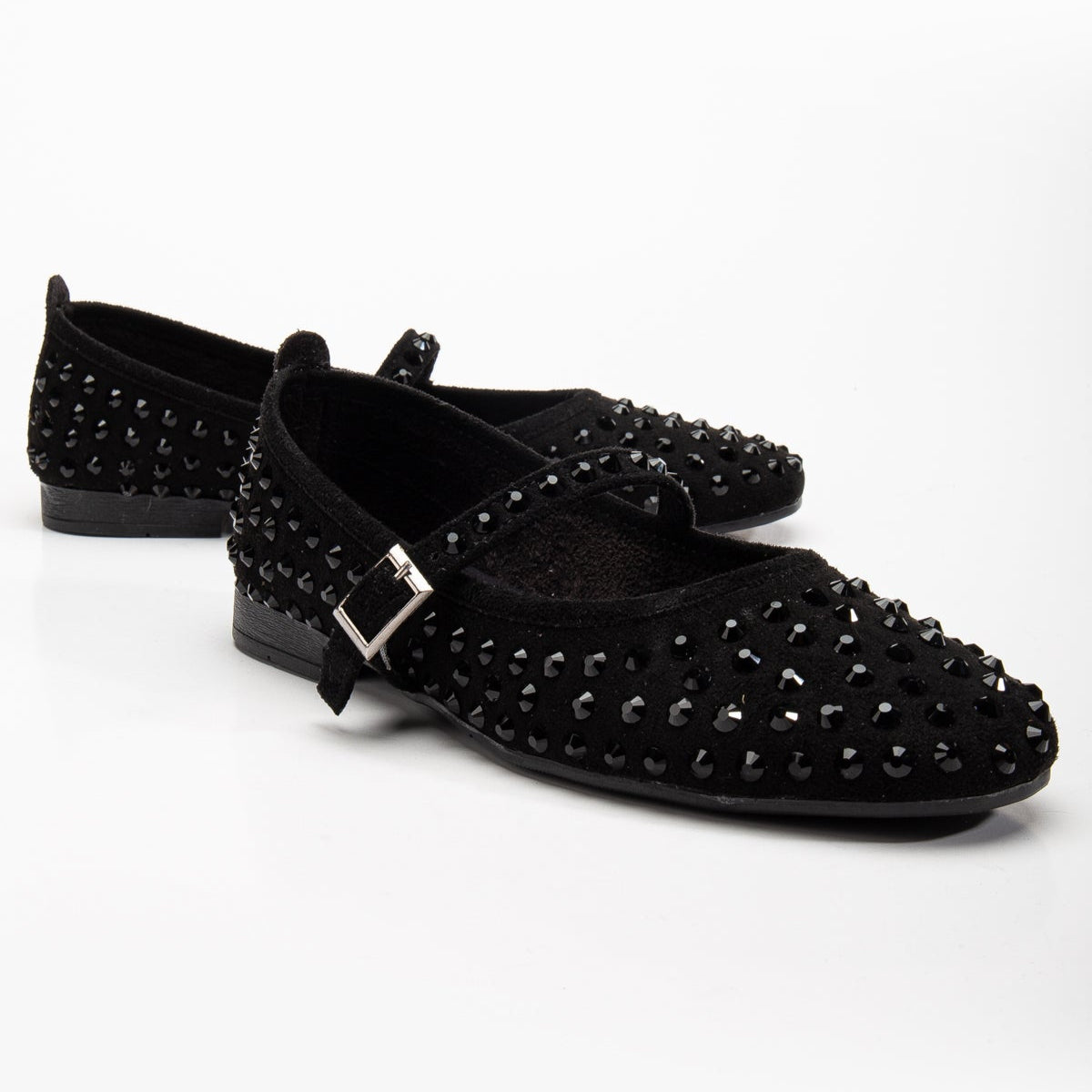 Emilie Black Studded Crystal Mary Jane Flats for Women - Elegant Comfortable Dress Shoes for Weddings, Parties & Formal Occasions