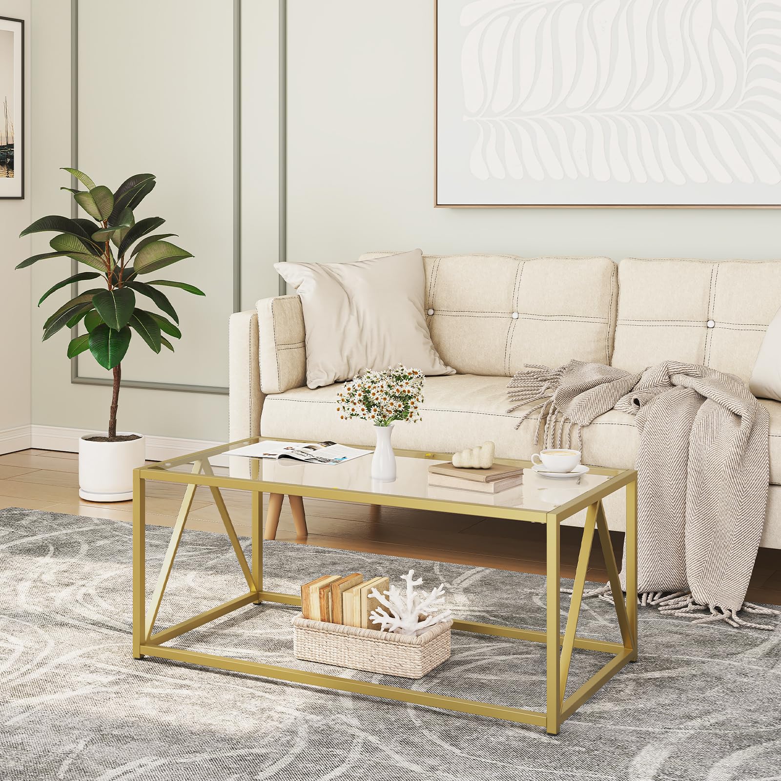 HOOBRO Modern Gold Glass Coffee Table for Living Room, 39.4 x 19.7 x 17.7 Inches, 1-Tier Center Table with Easy Assembly - Perfect for Apartments, Offices & Lounge Areas (Model GD04KF01)