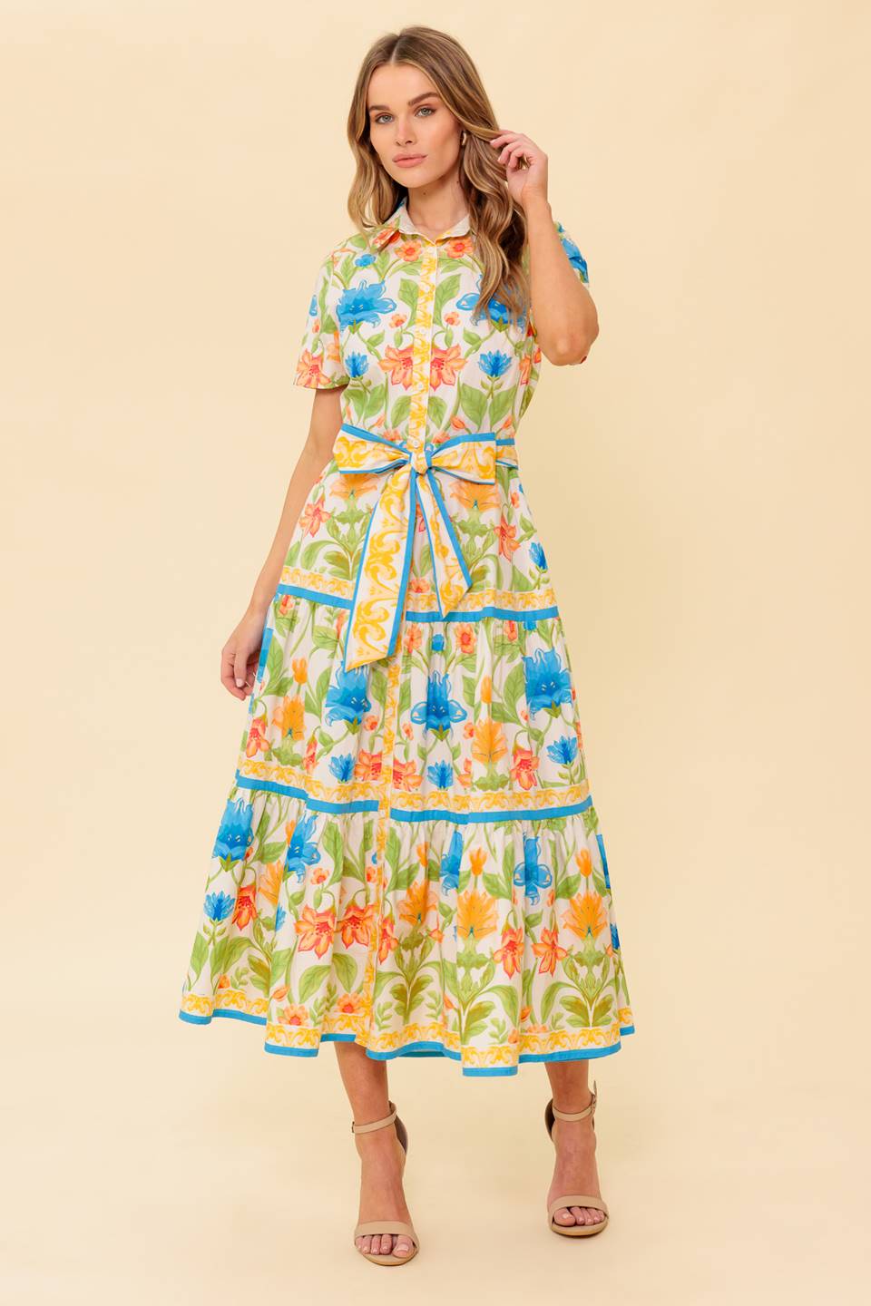 Ivory Floral Shirt Dress for Women - Elegant Casual Summer Dress for Office, Brunch & Date Night