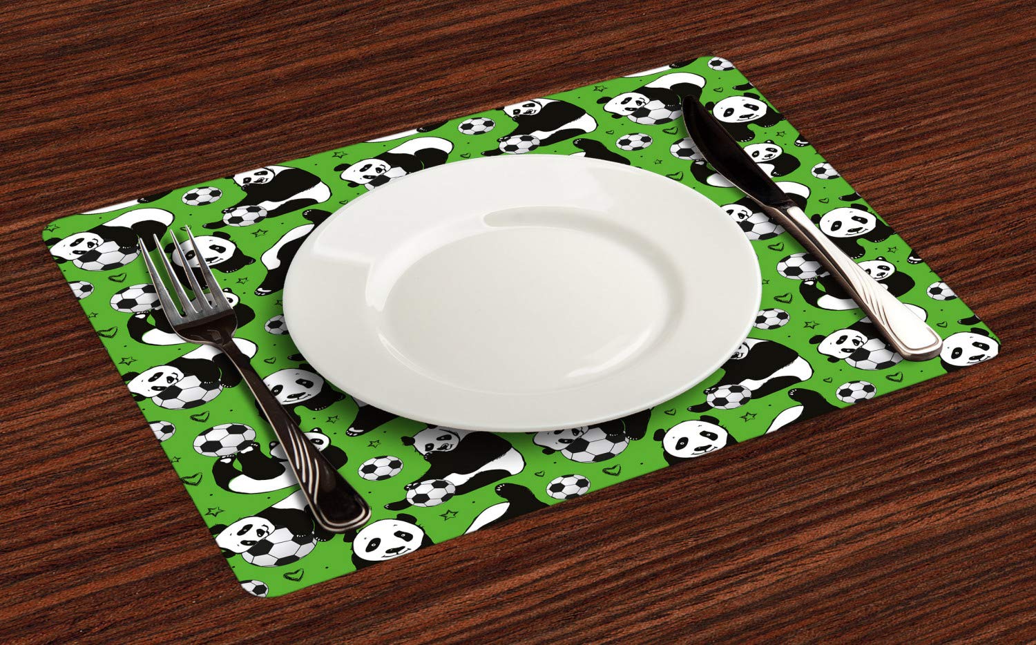 Ambesonne Soccer Placemats Set of 4 - Funny Panda Animals Playing Soccer with Hand-Drawn Hearts & Stars - Washable Fabric Dining Table Mats - Standard Size 12x18 Inches - Lime Green Black White - Perfect for Game Nights, Kids' Parties & Sports-Themed Decor