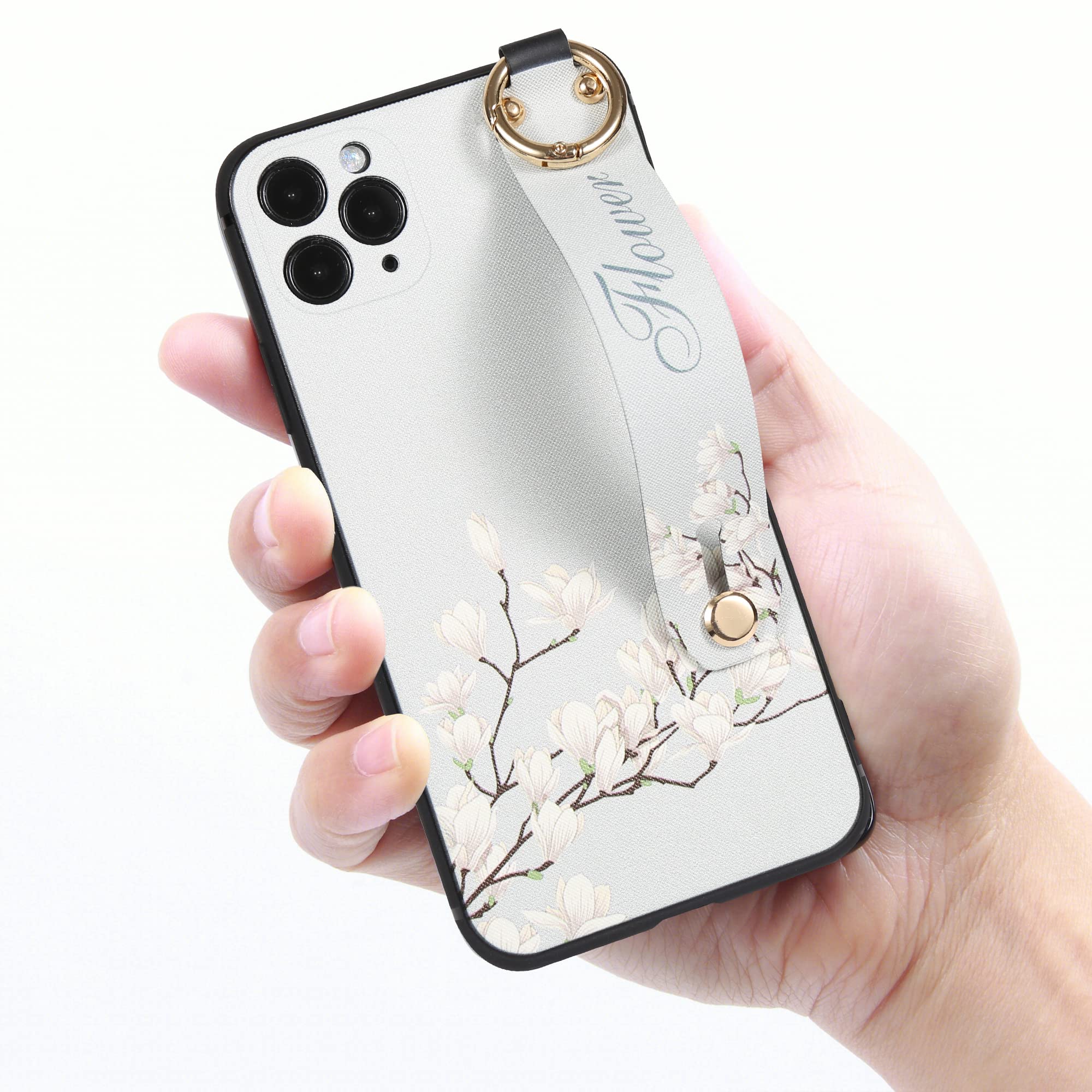 Elegant Gray Orchid Flower iPhone 12 Case for Women with Finger Loop & Hand Strap Holder - Perfect for Work, Travel and Everyday Use